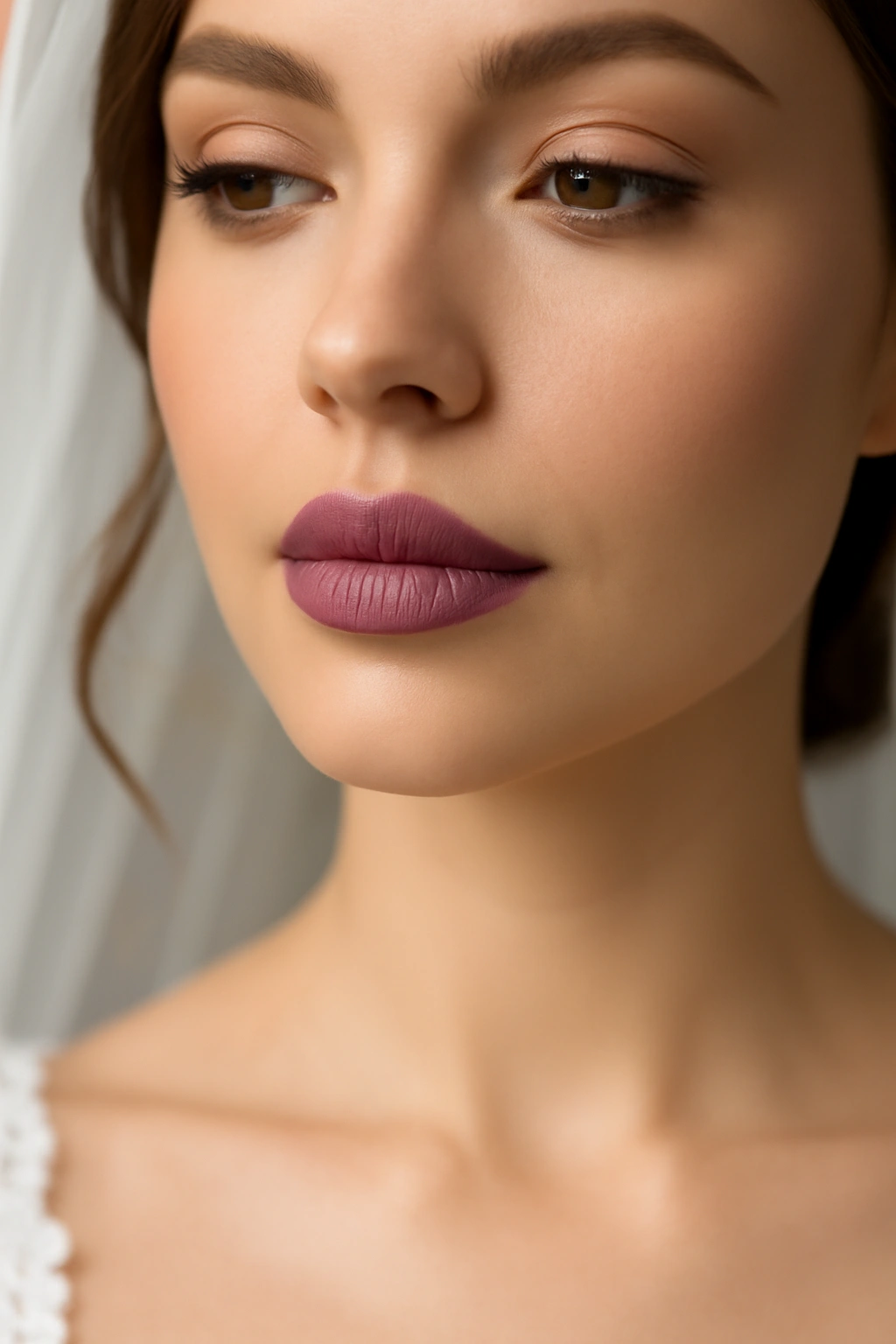Close up of rosy mauve lipstick on a bride with soft purple undertones