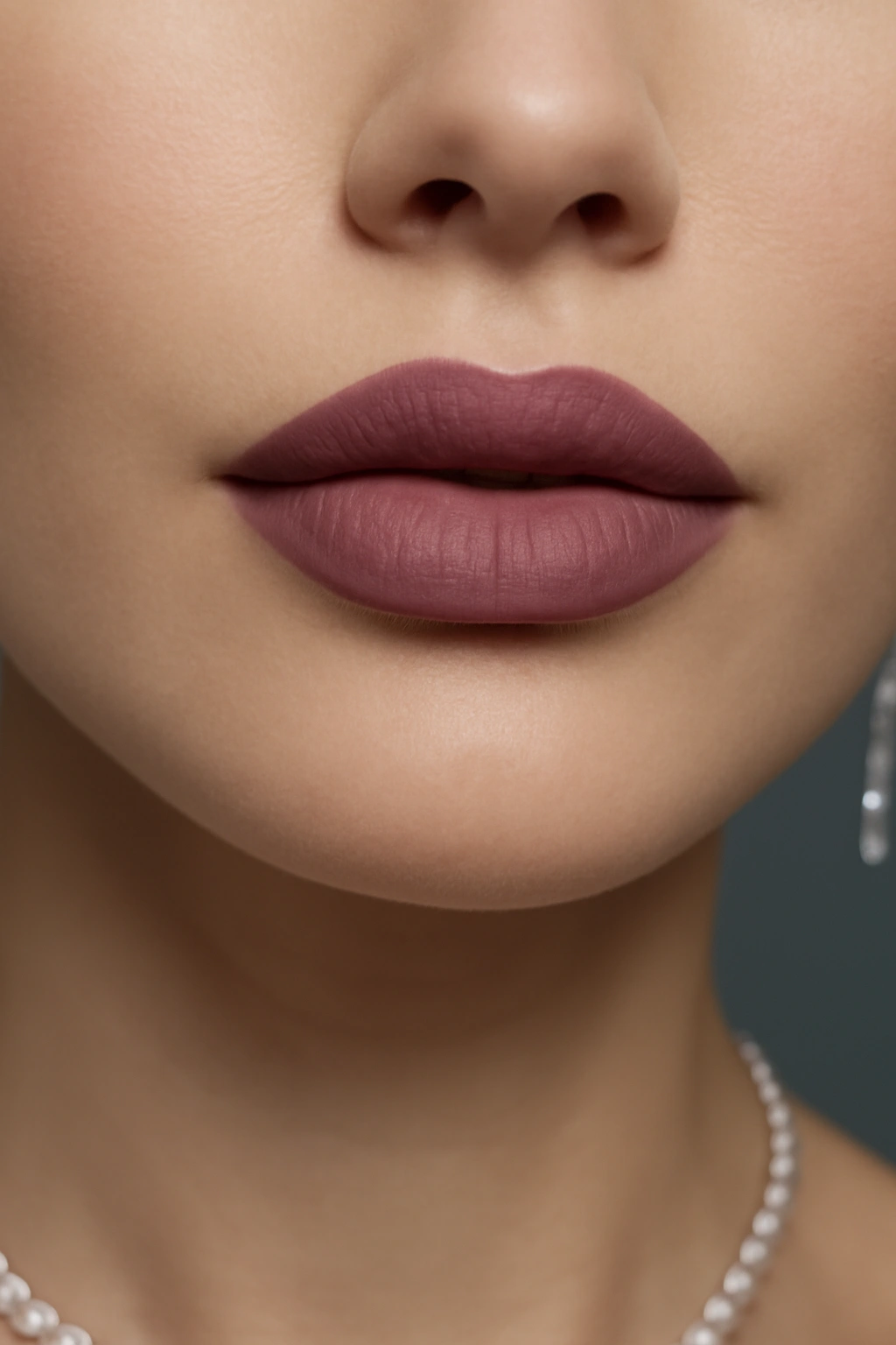 Elegant muted mauve lipstick with cool undertones on a mature woman