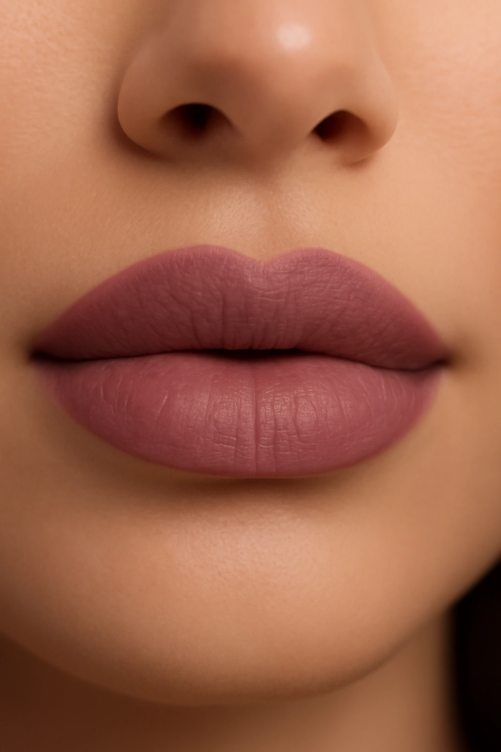 Elegant muted mauve lipstick with a blend of pink and purple tones for a formal wedding