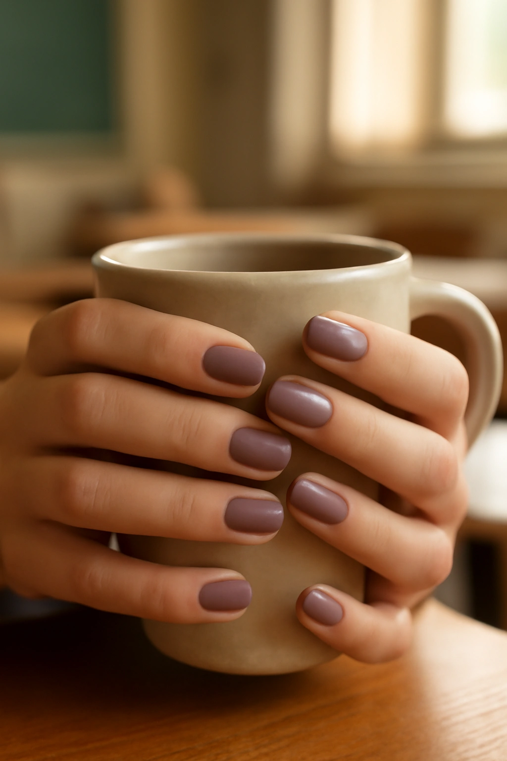 Dusty mauve manicured nails on hands holding a ceramic mug in a sunlit classroom.
