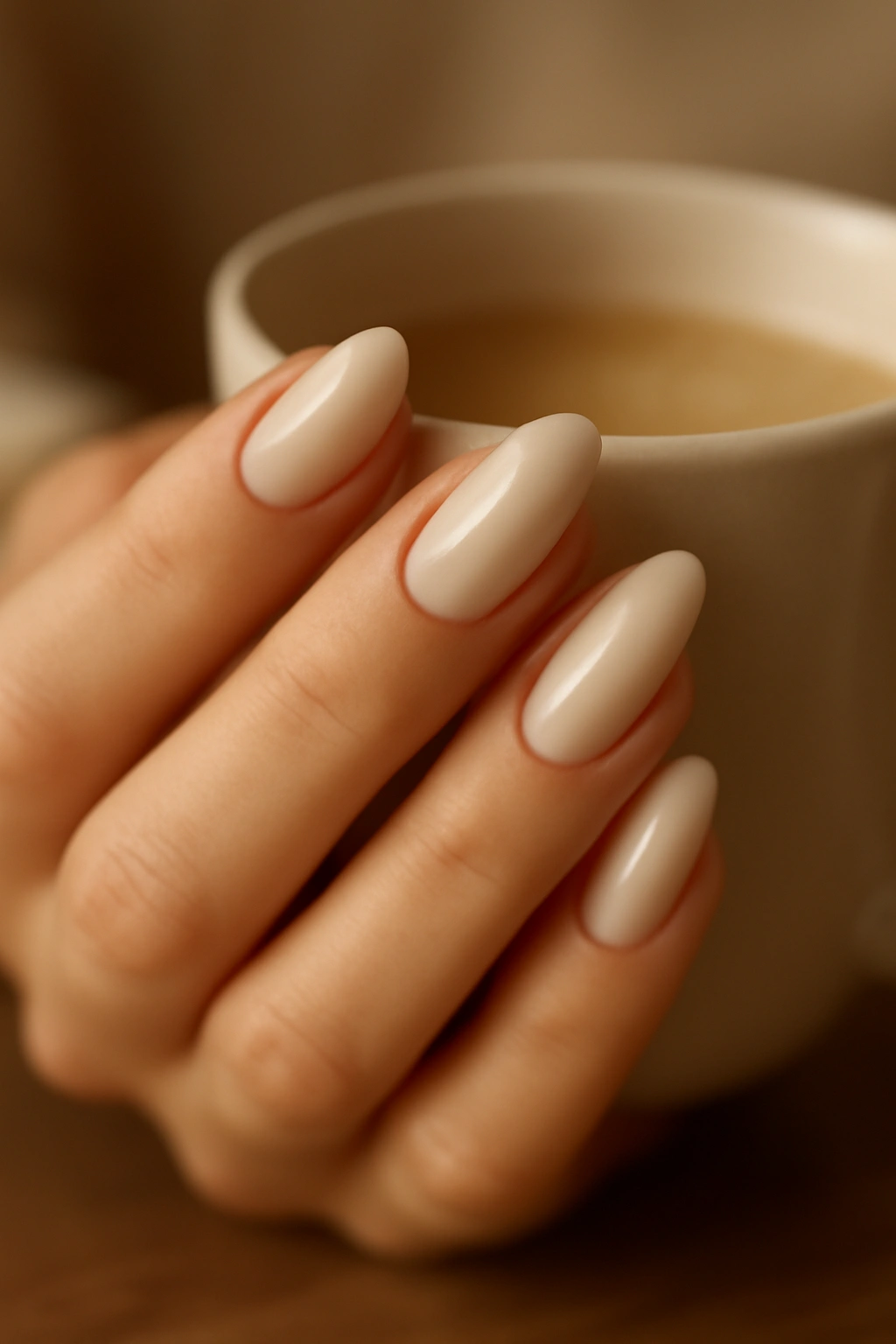 Medium length almond nails in beige cream on small hands, showing a practical yet flattering taper.