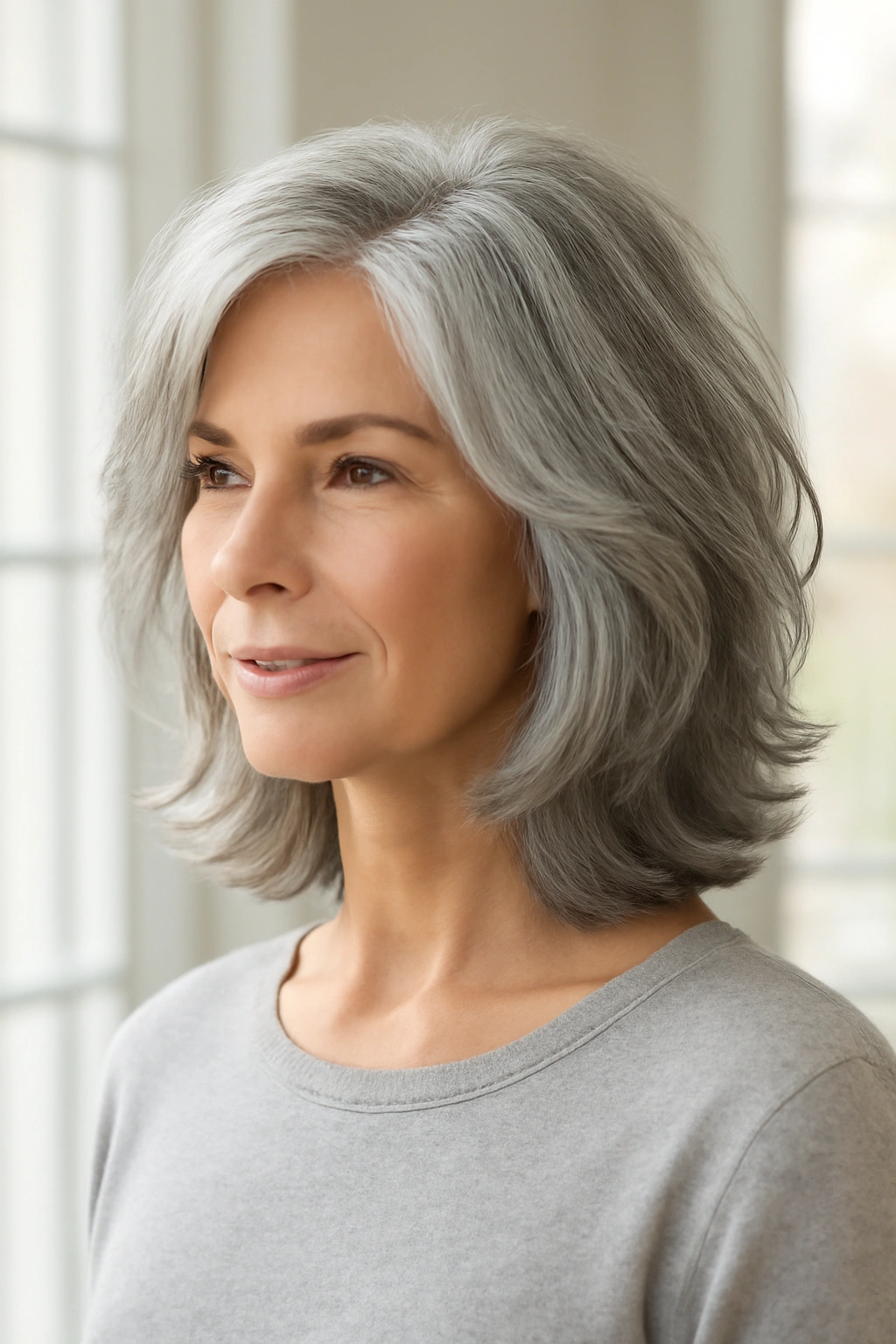 Medium length layered gray hair with modern texture for women