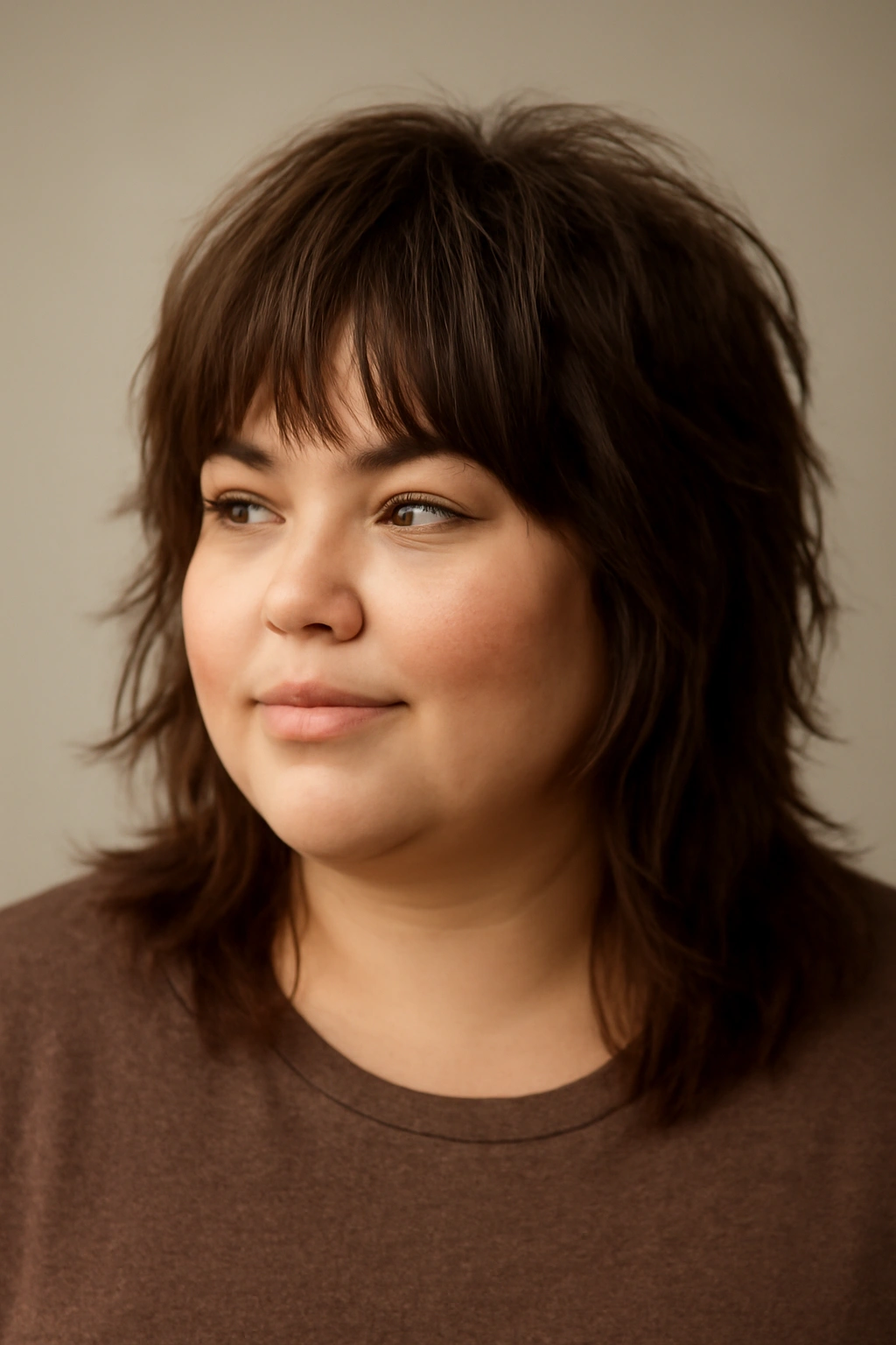 Medium-length shag haircut with choppy layers and fringe