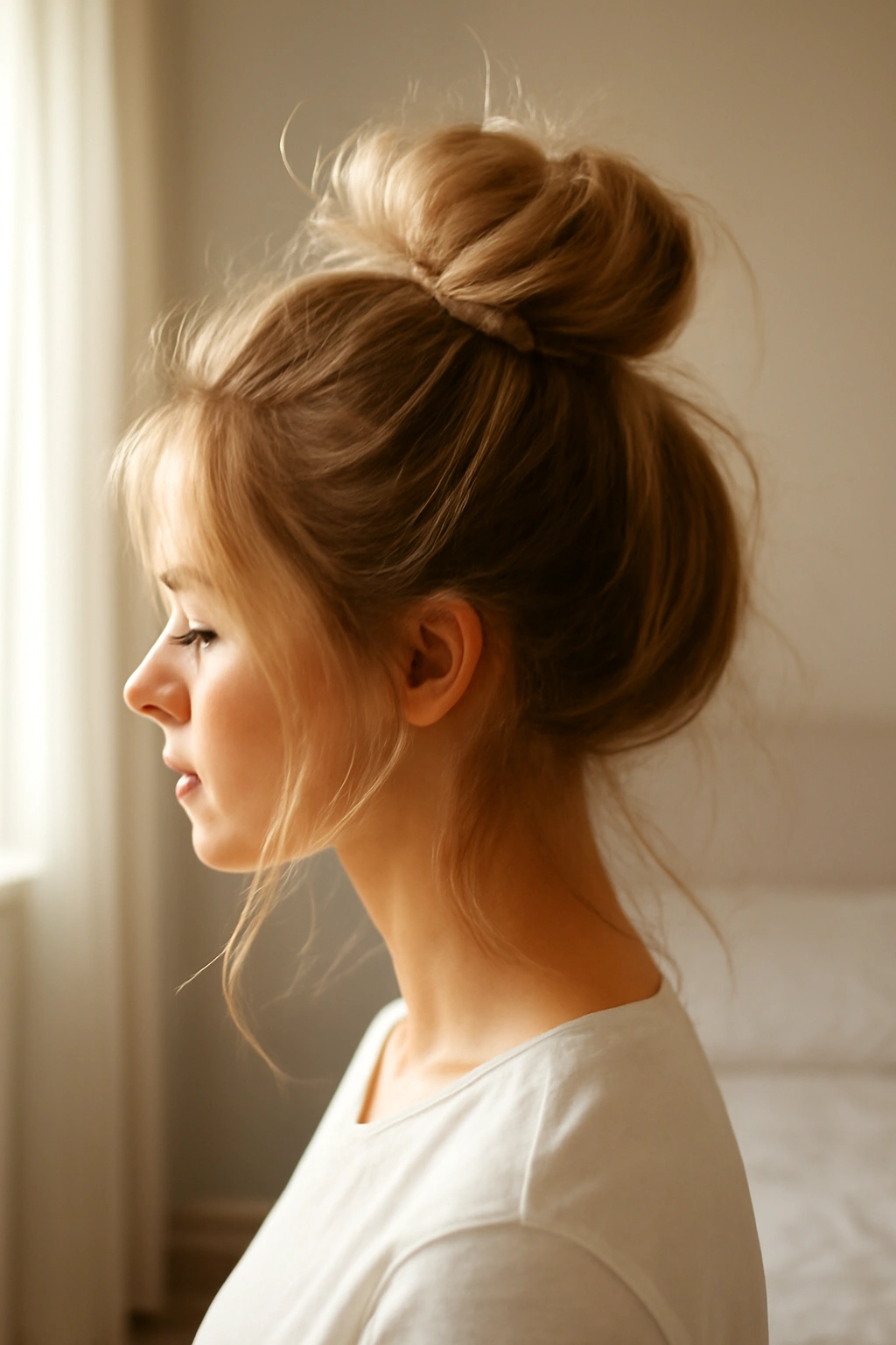 Casual messy top bun hairstyle with honey blonde hair and soft loose strands.