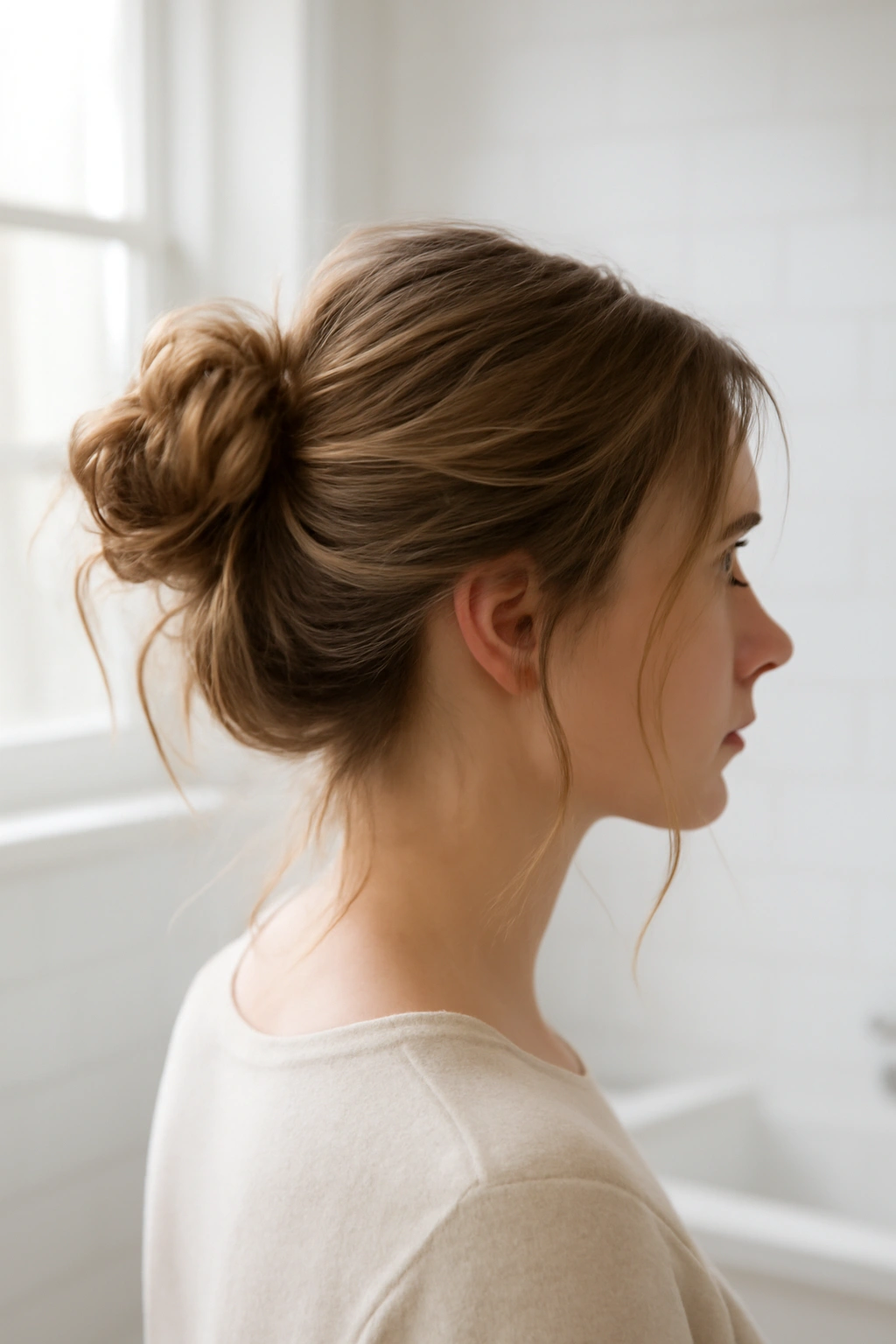 A woman with a classic messy bun hairstyle and soft face-framing strands