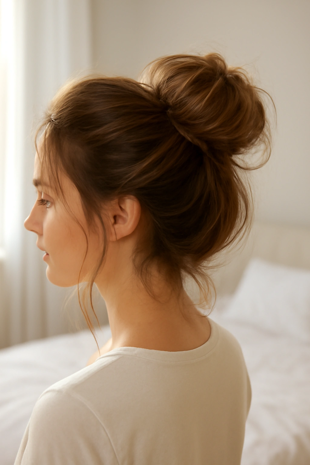 Woman with a voluminous messy bun and soft hair strands framing her face
