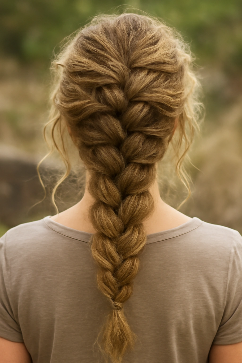 A thick and loose messy Dutch braid with a bohemian textured finish.