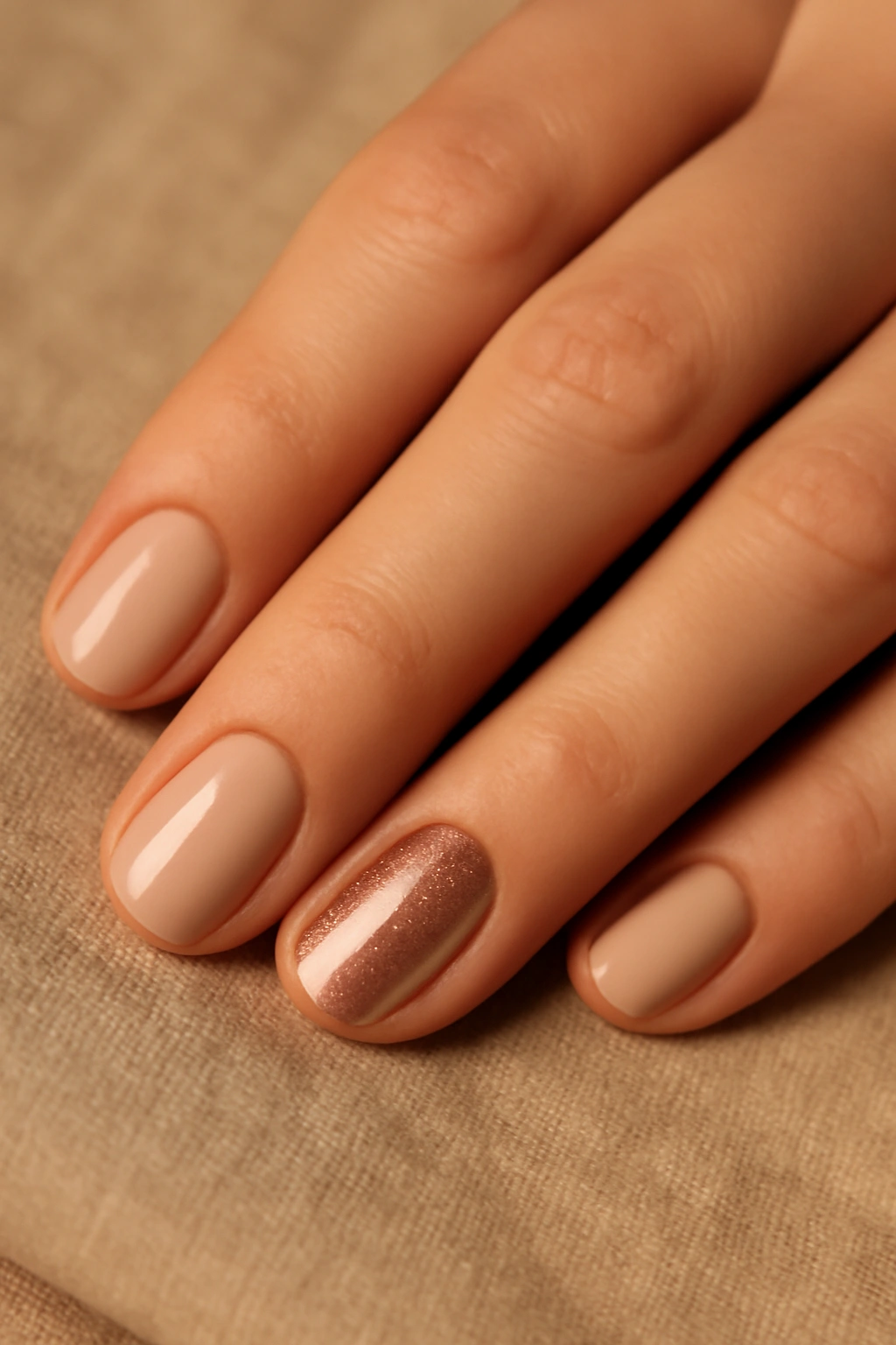 Short beige nails with a rose gold metallic accent nail on the ring finger