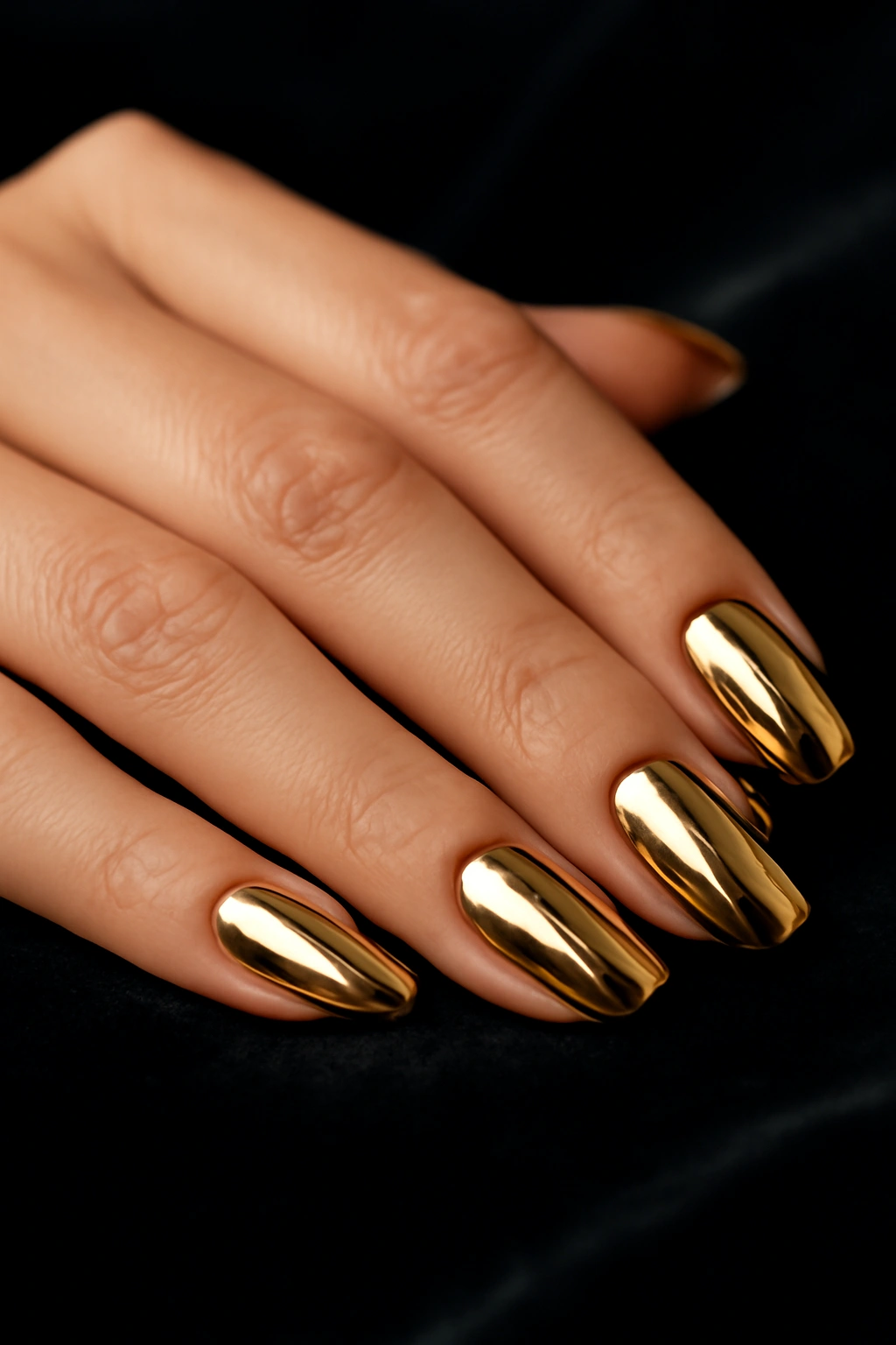 Close up of liquid gold metallic chrome nails on a hand resting on dark velvet