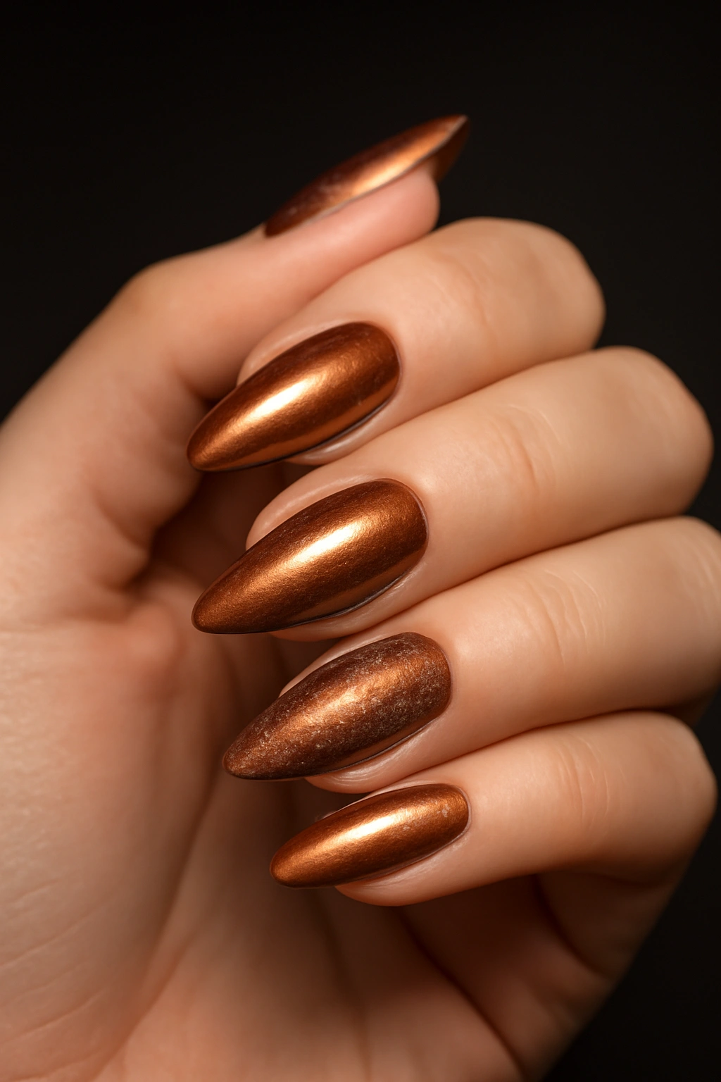 Metallic copper chrome and bronze nails with a high-shine reflective finish