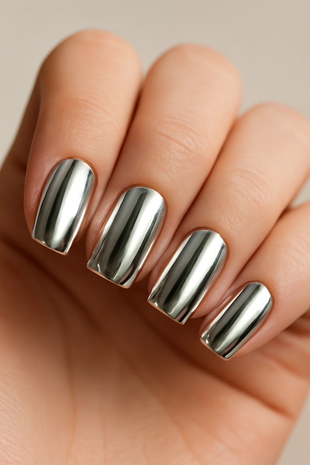 Close-up of chrome metallic nails reflecting light.