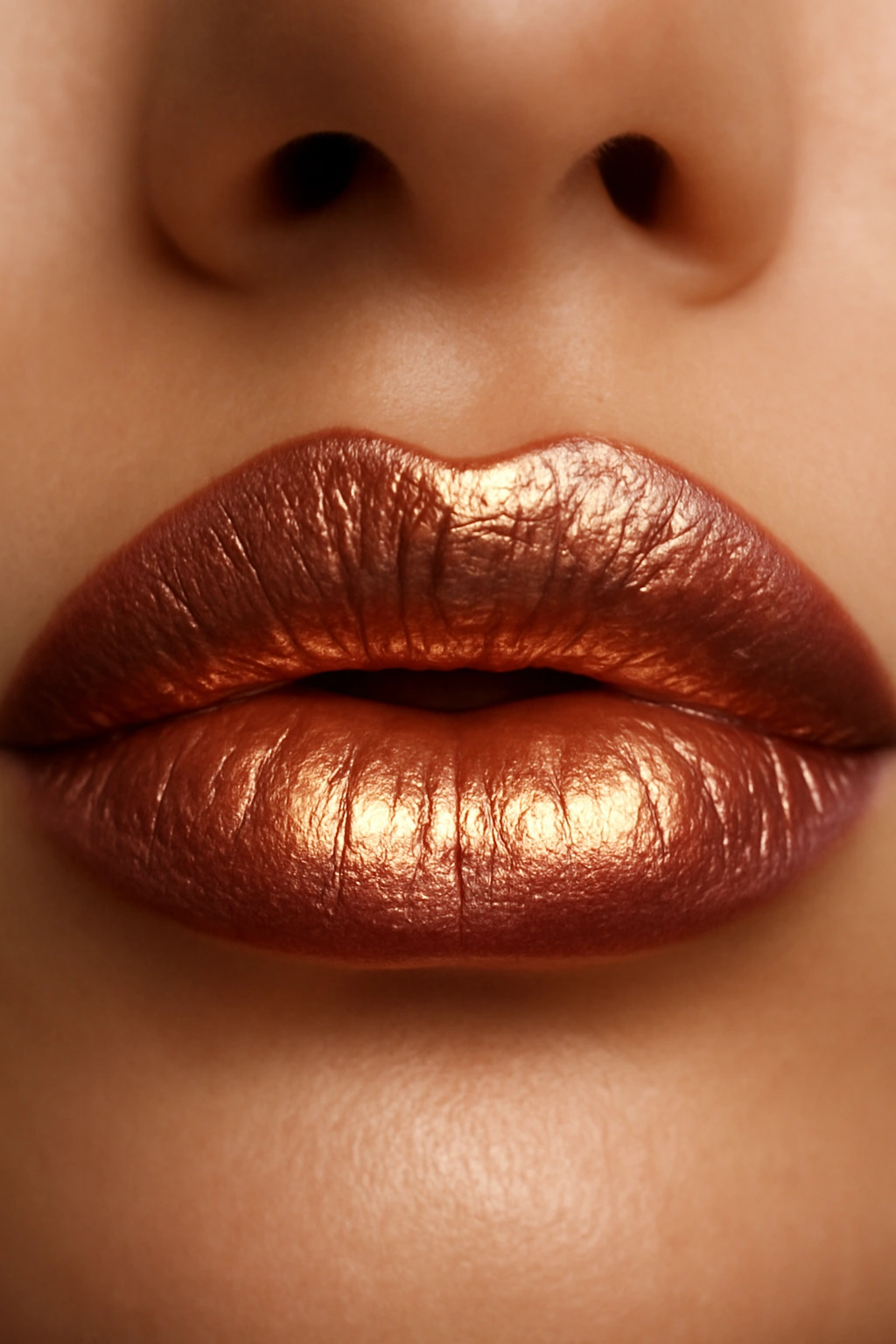 Close-up of lips with metallic gloss in gold and bronze tones