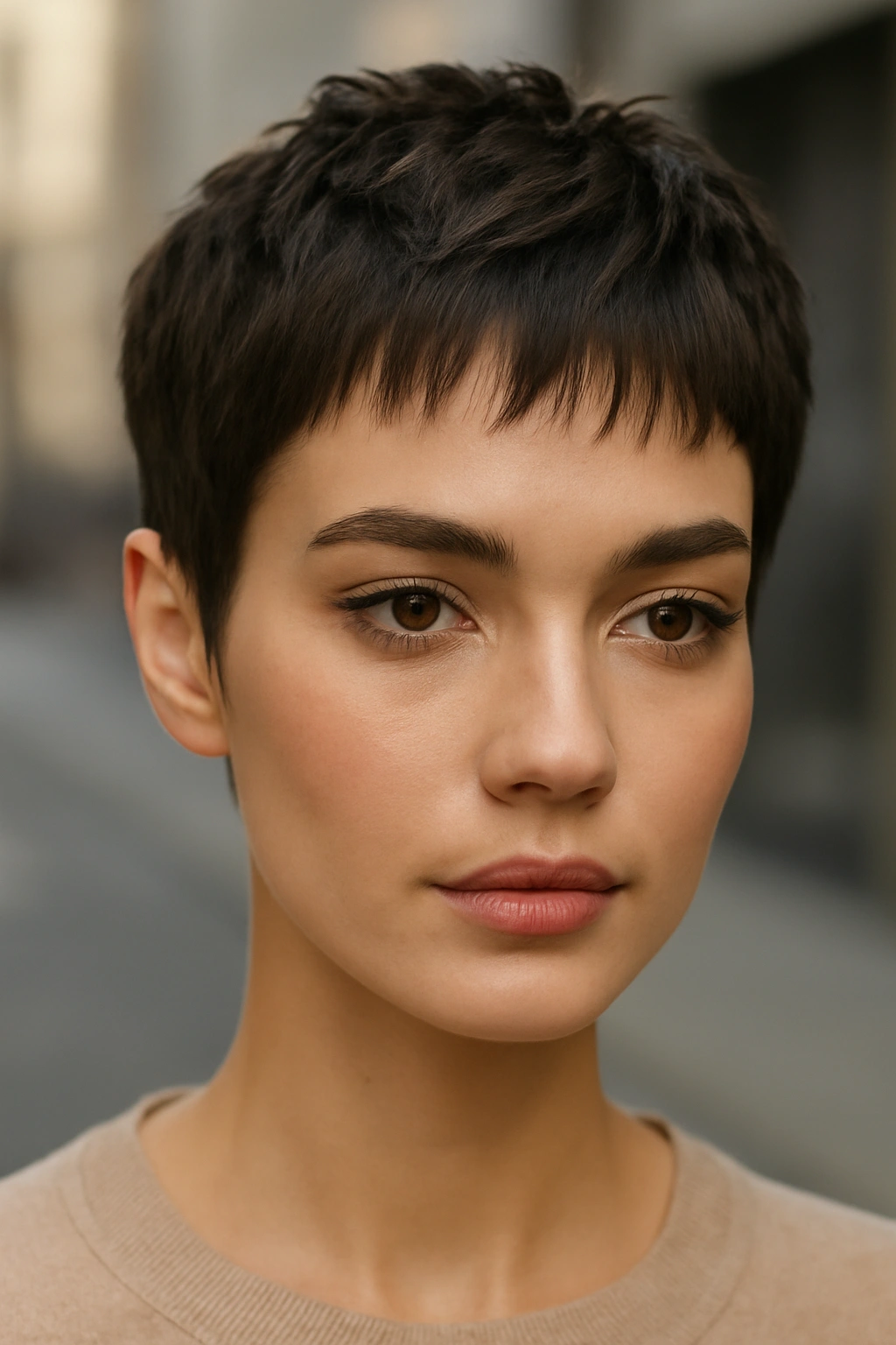 Close up of edgy micro wispy bangs sitting high above the eyebrows