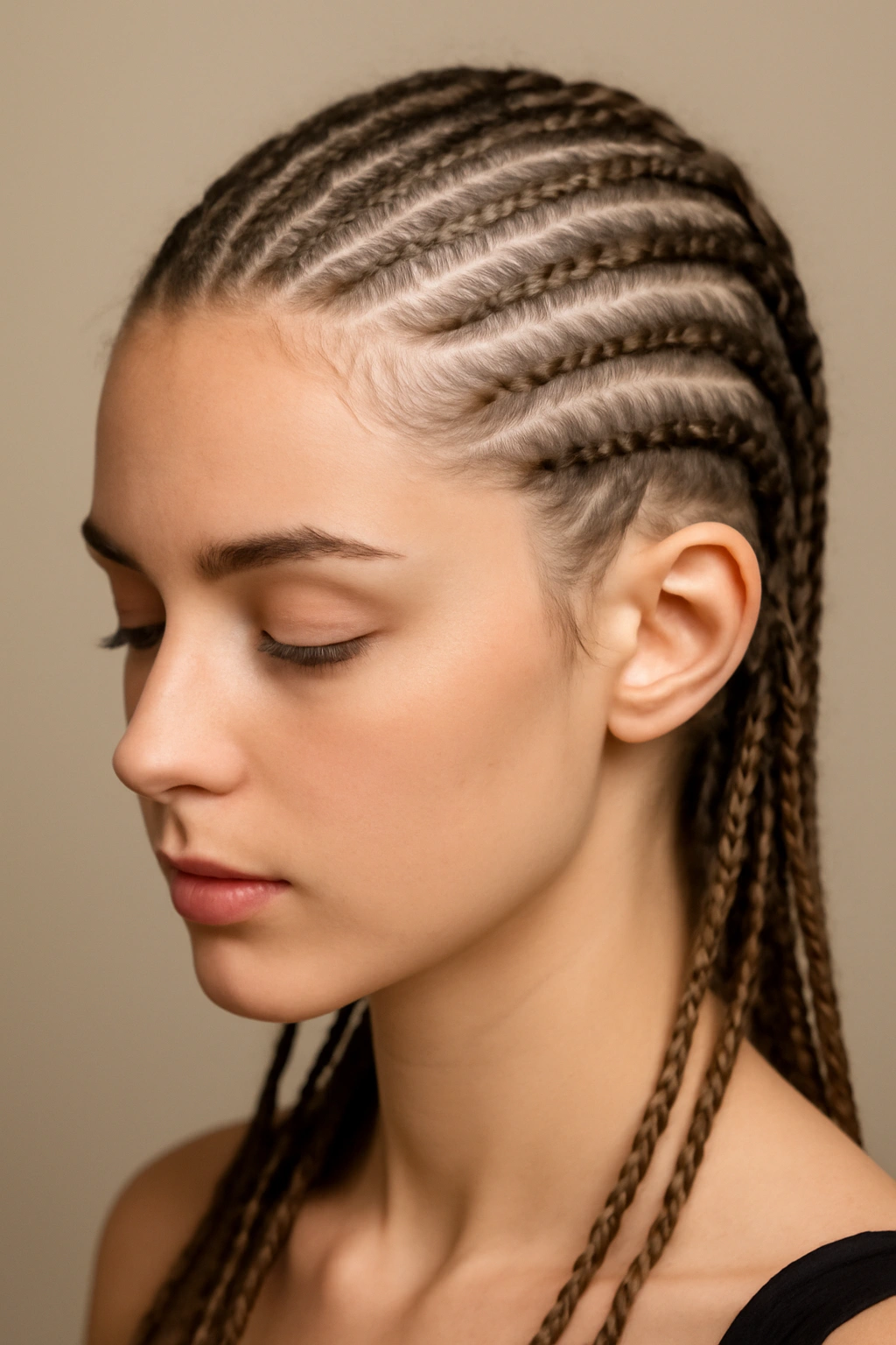 Thin and delicate micro Dutch braids styled close to the scalp.