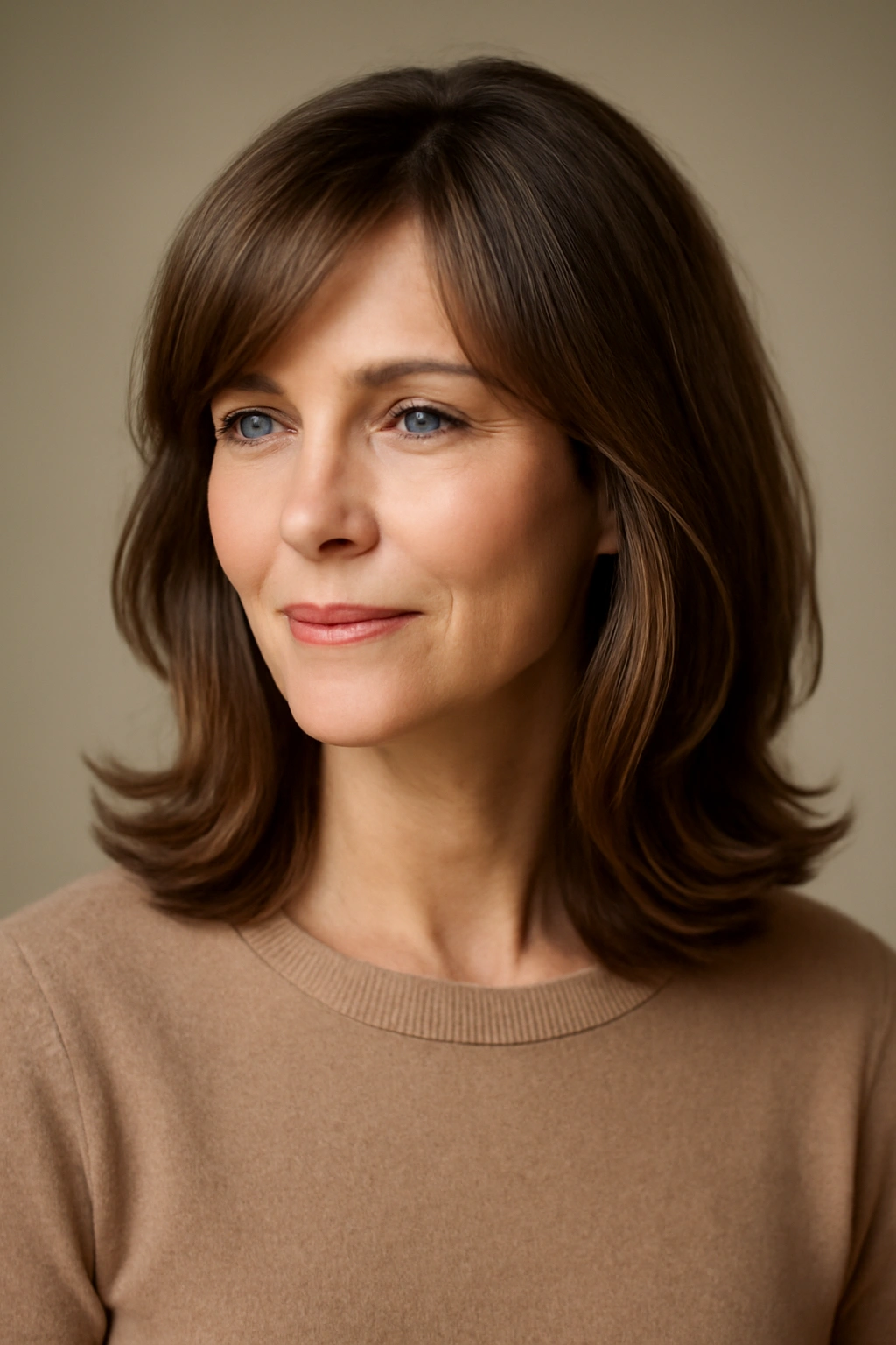 Portrait of a woman over 40 with a classic mid-length cut and side-swept bangs
