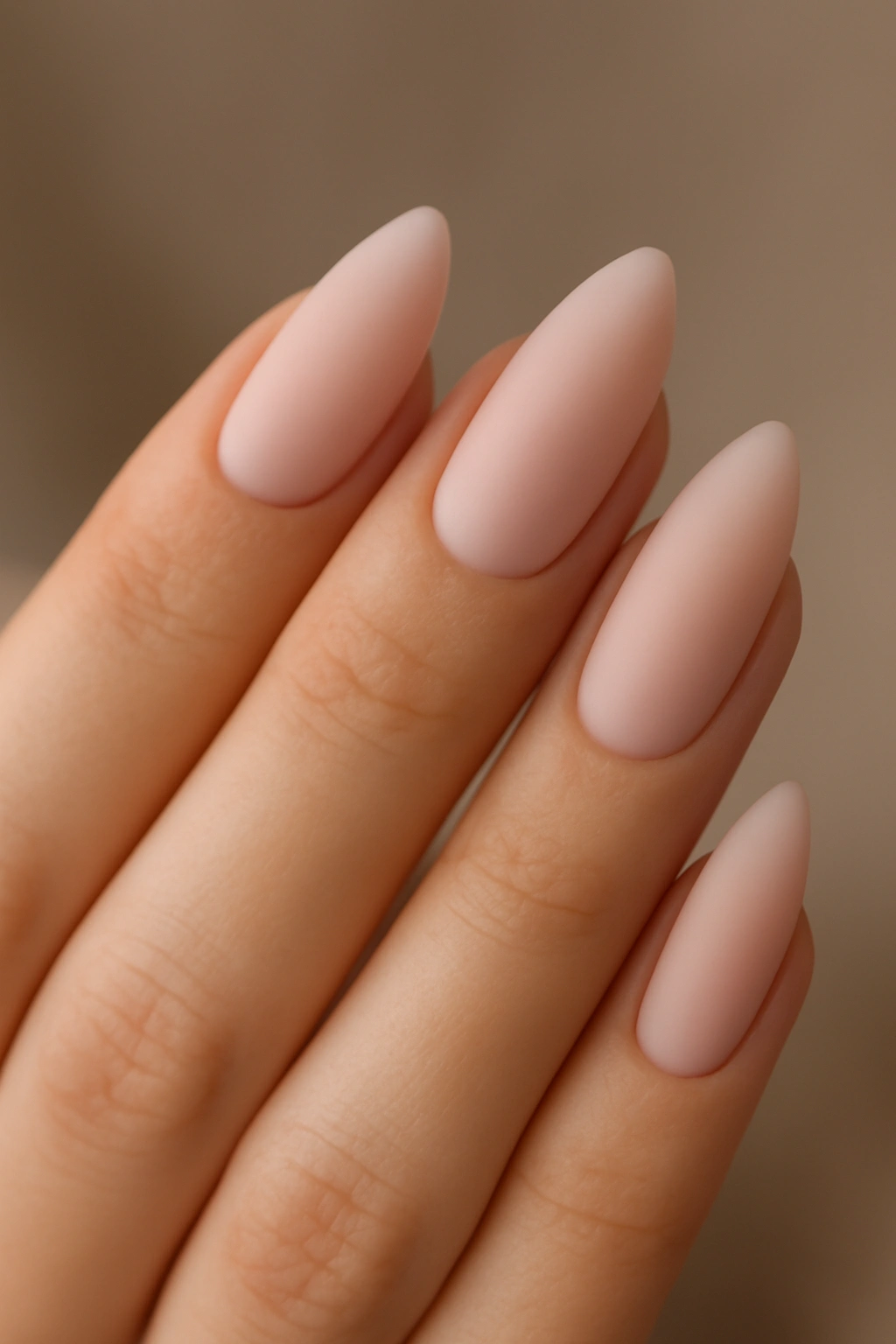 Close-up of milky pink matte almond nails