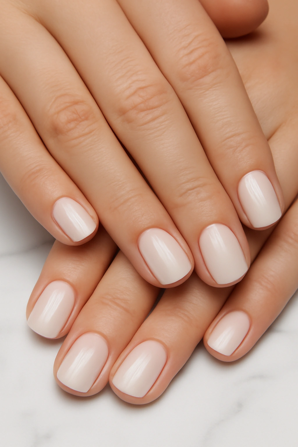Clean milky white short nails on a marble background for a modern and sophisticated look.