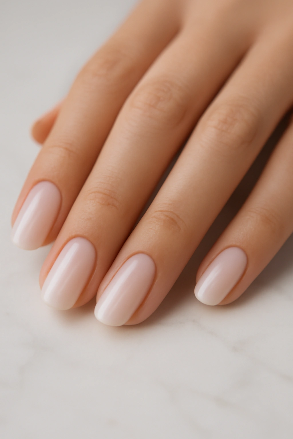Minimalist milky white nail polish with a semi-sheer finish on a marble background.