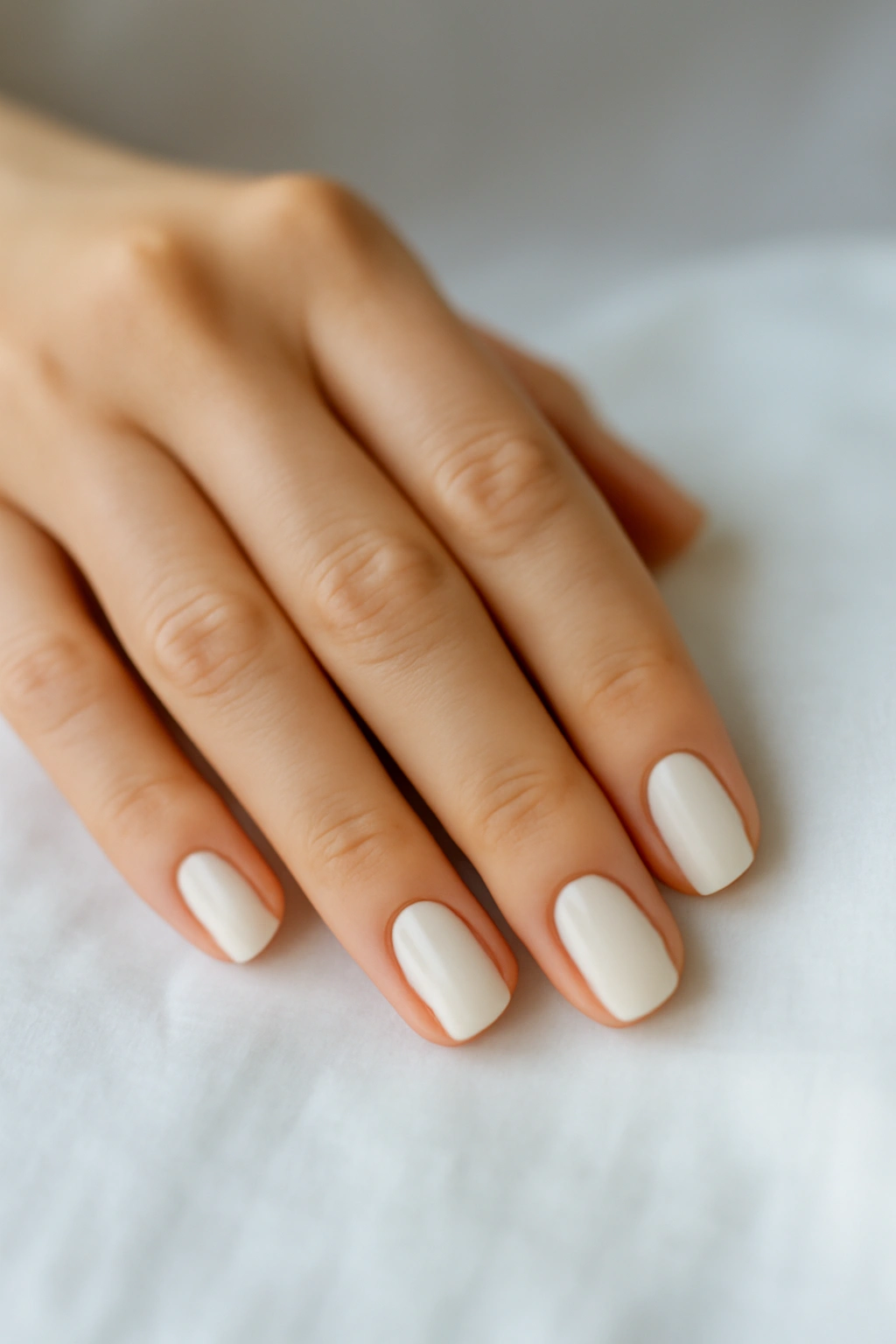 Creamy milky white nail polish on a minimalist linen background.