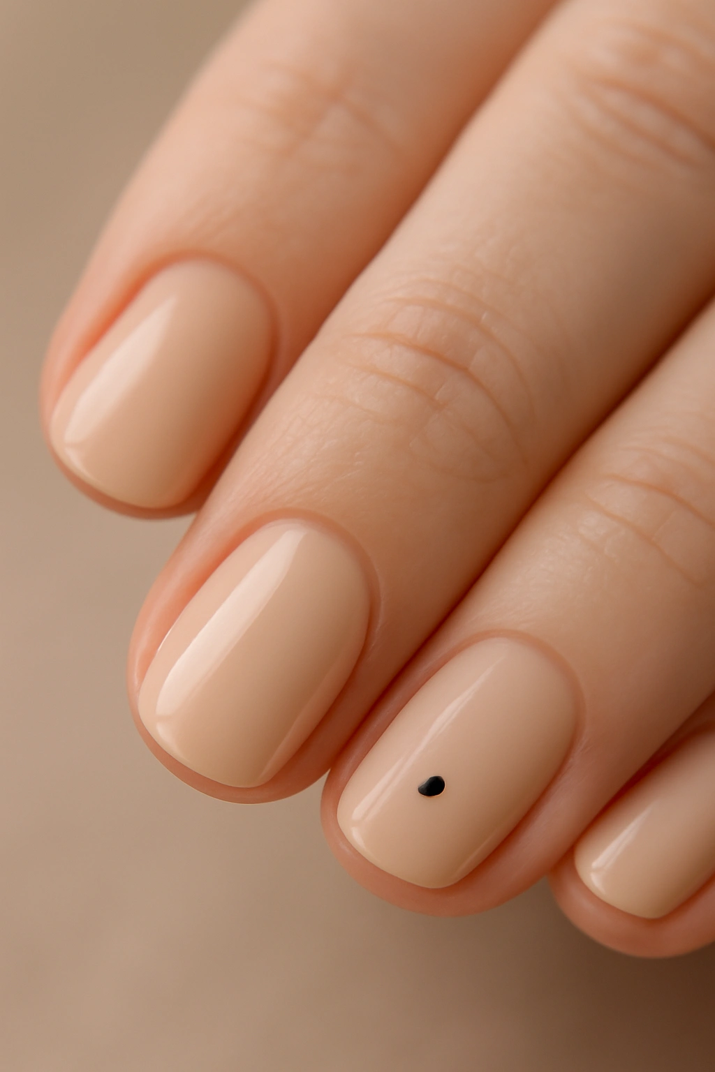 Nude short nails featuring a tiny minimalist black dot at the base