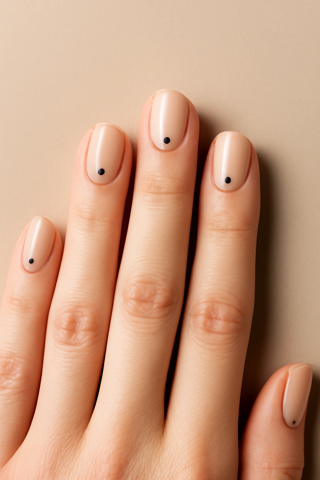 Nude nails with a single minimalist black dot accent at the base