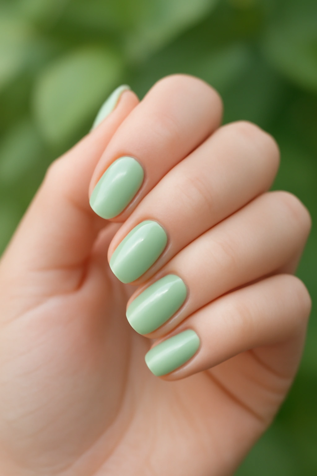 Pale mint green nail polish on short nails against a soft green background