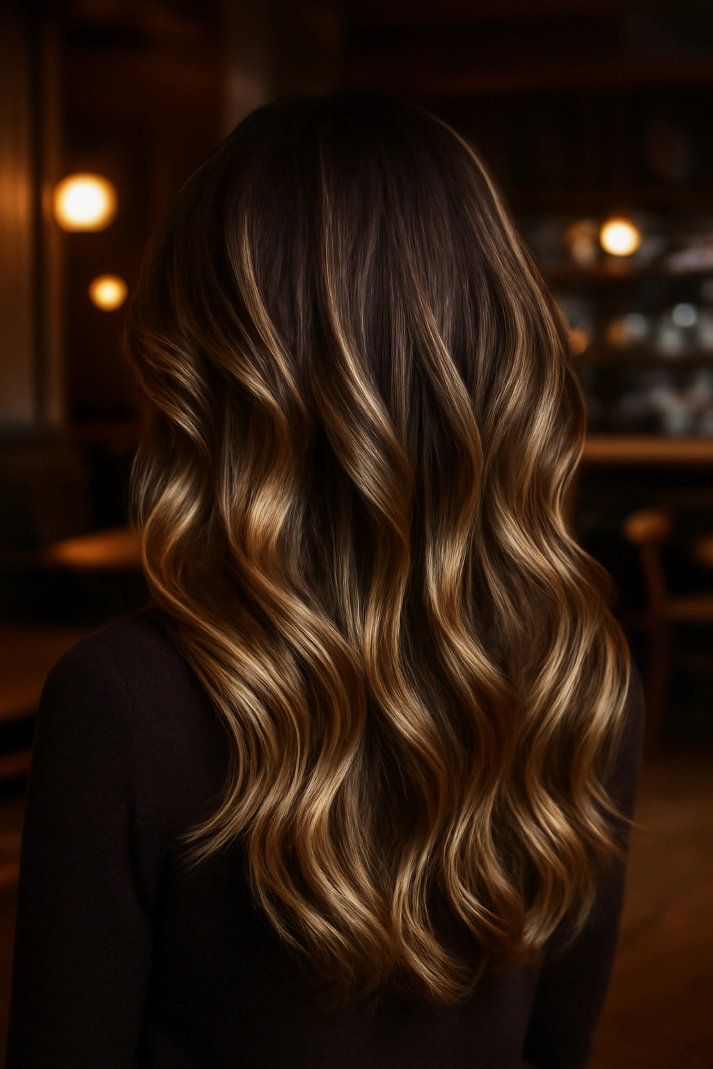 Layered hair with mocha balayage blending chocolate brown and creamy latte highlights.
