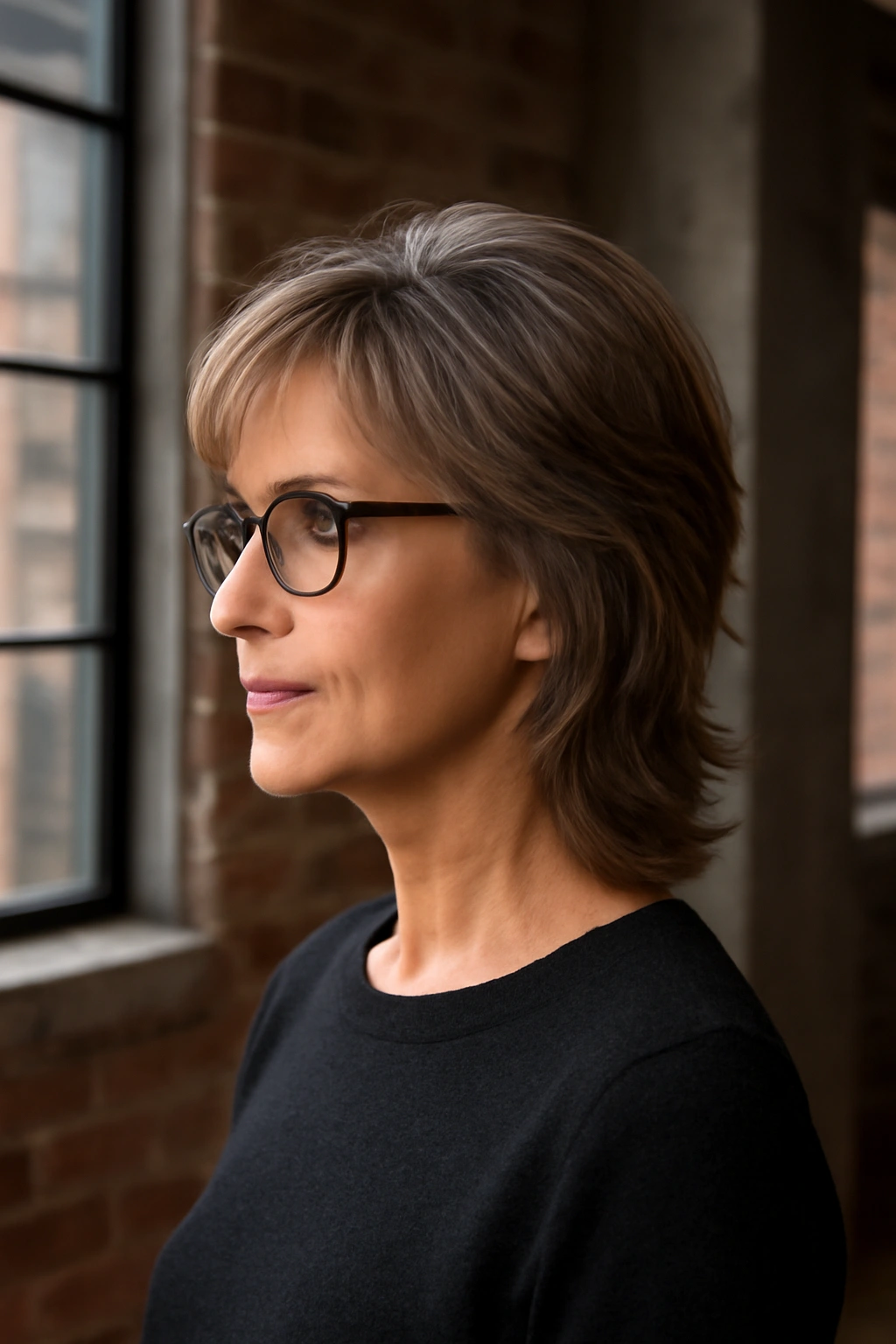 Woman over 50 with glasses wearing a soft modern version of a mullet