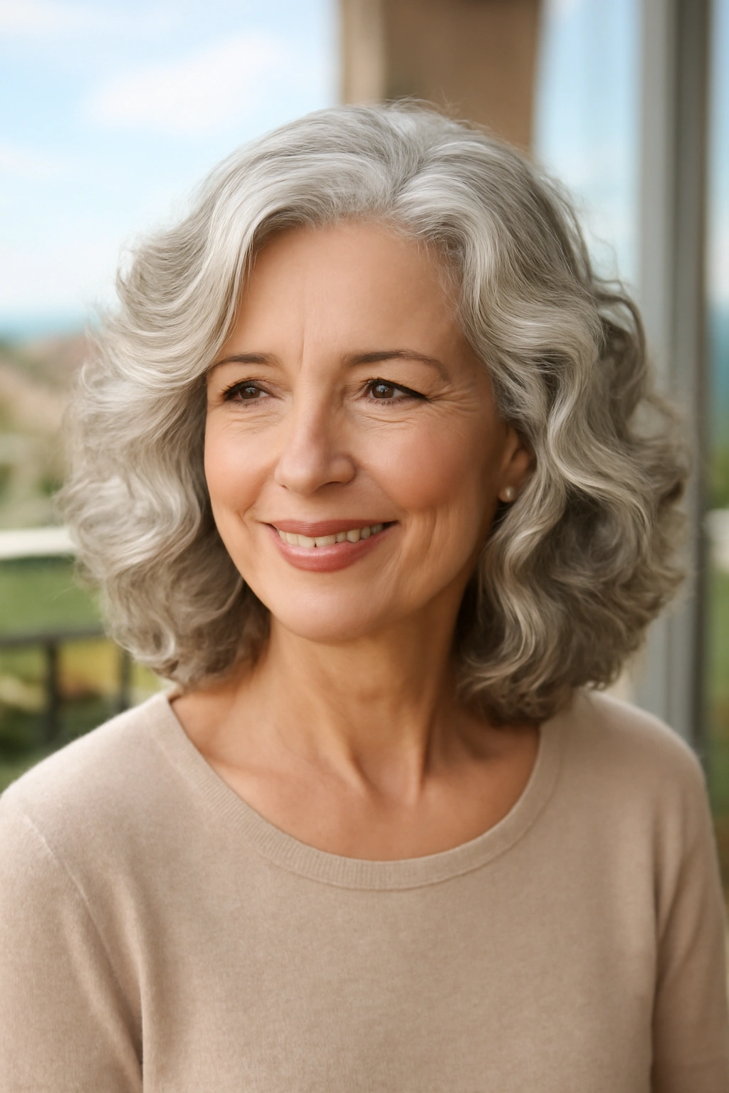Soft wavy modern perm on silver gray hair for volume and texture