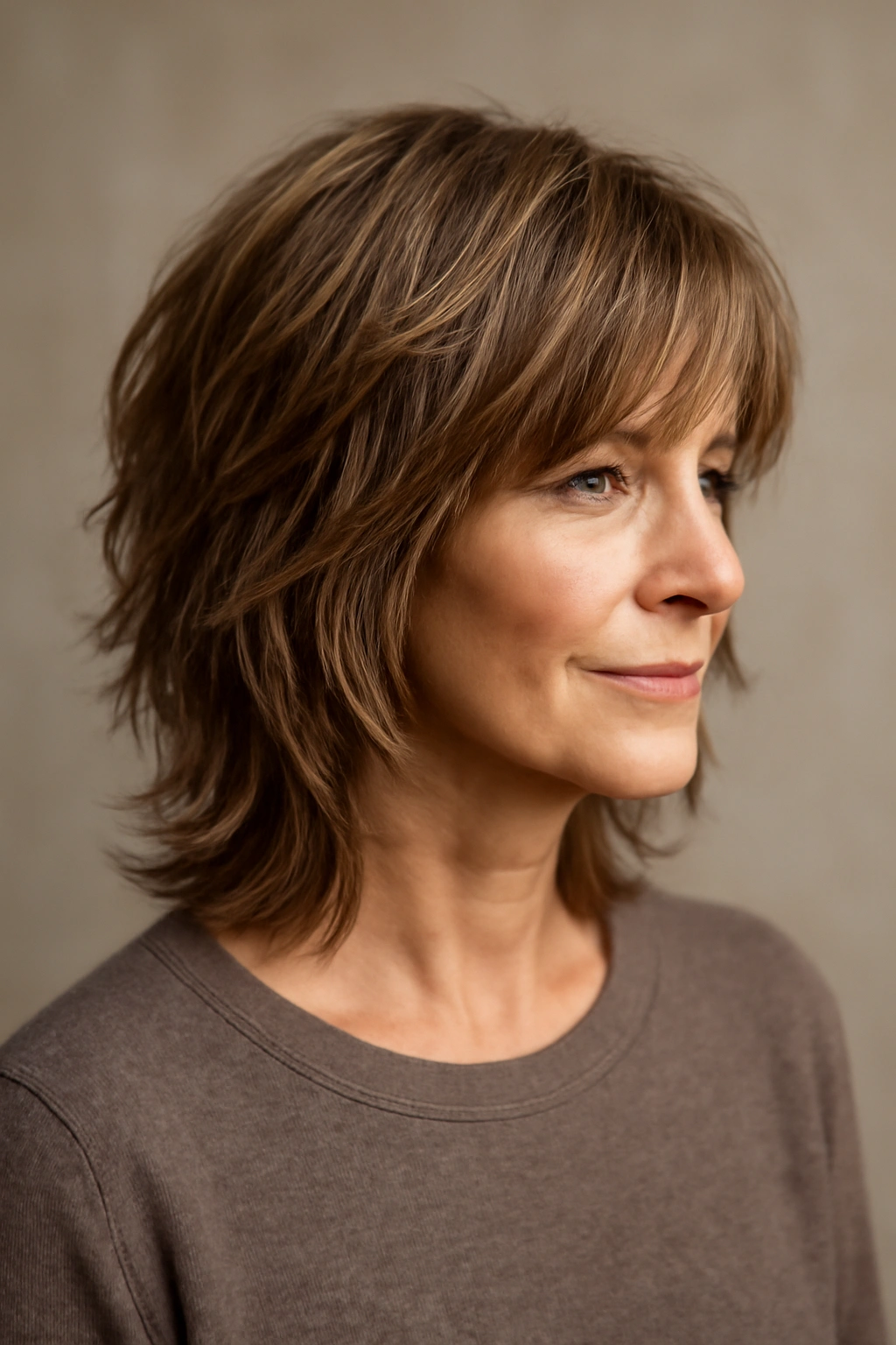 Mature woman with modern shag hairstyle showing textured layers