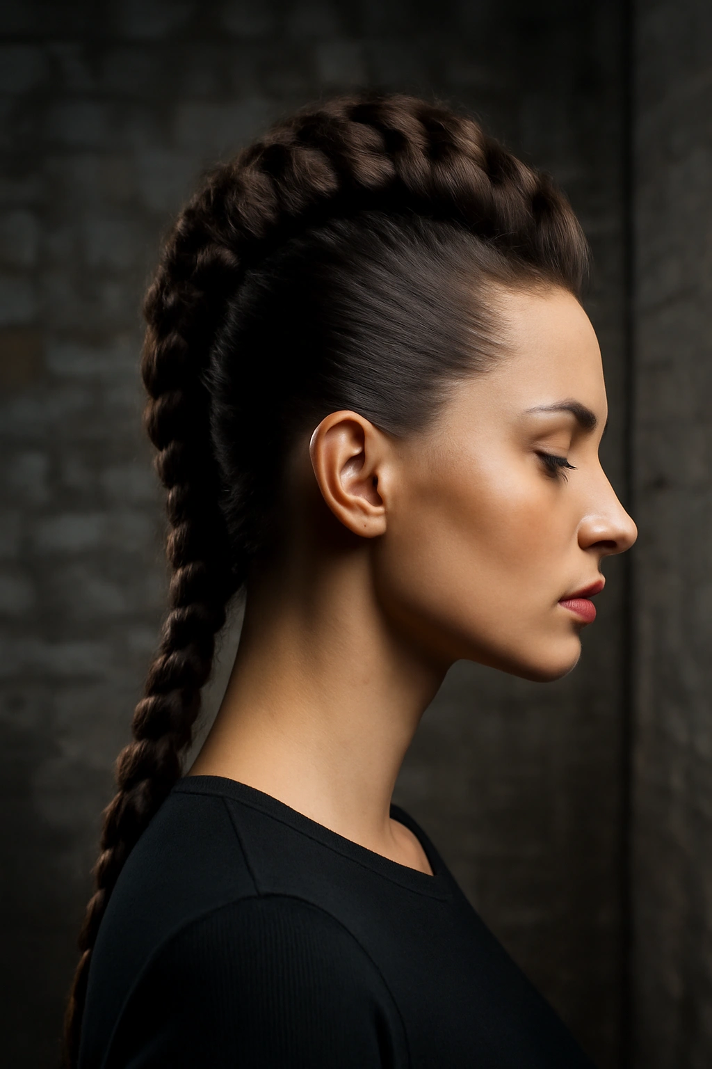 High-volume Dutch braid mohawk style on a woman with dark hair and sleek, tightly pulled sides.