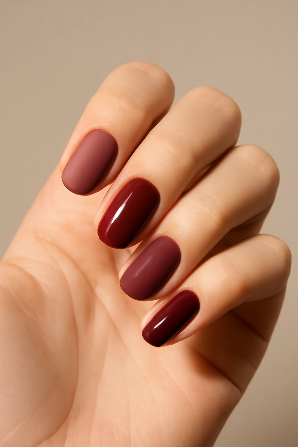 Manicure featuring various shades and finishes of cranberry red for a monochromatic look.