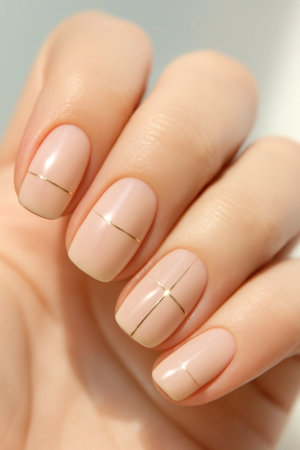Minimalist gold line art on top of nude nail polish.