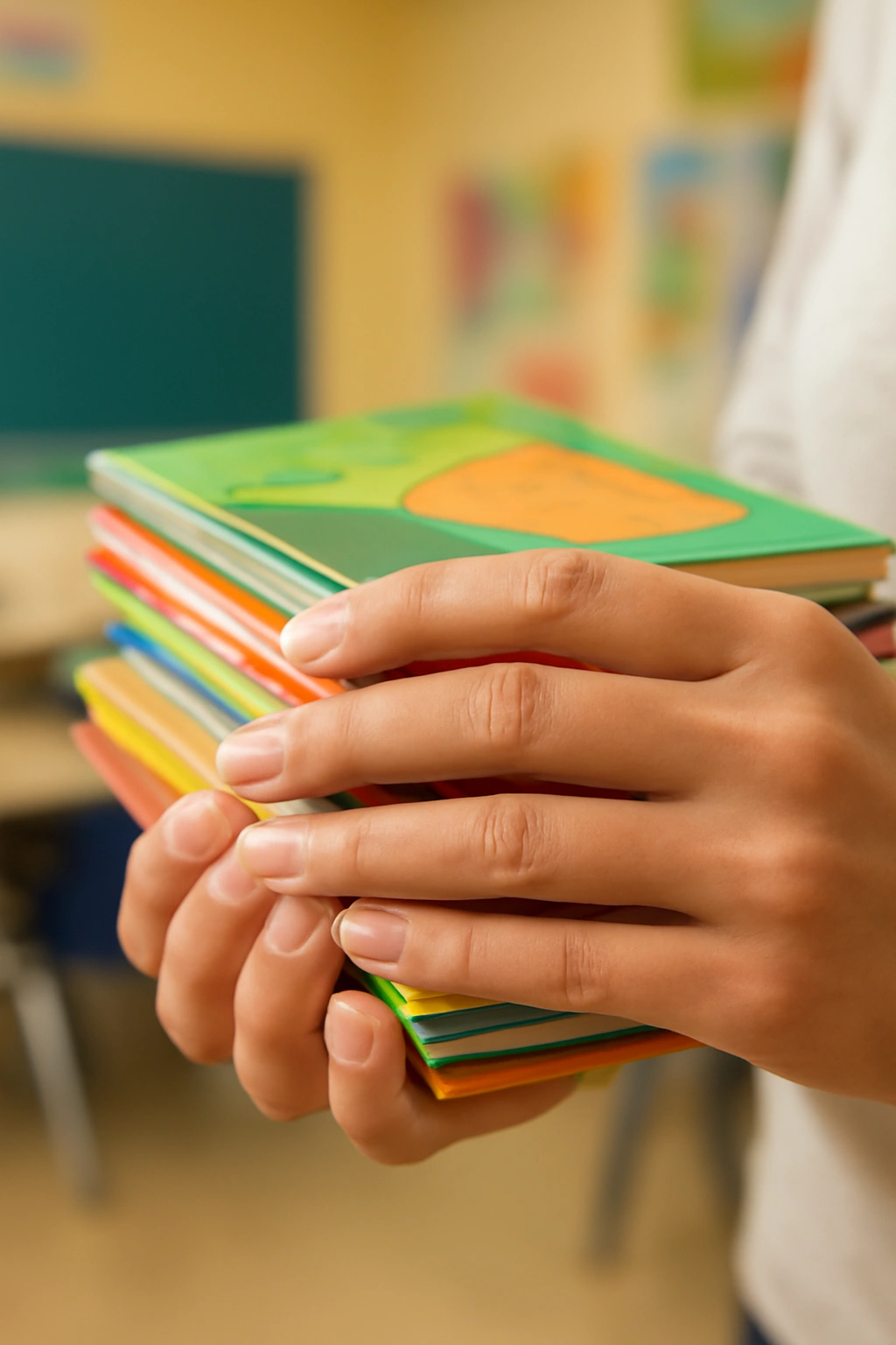 Short rounded natural nails with a buffed shine on hands holding colorful books.