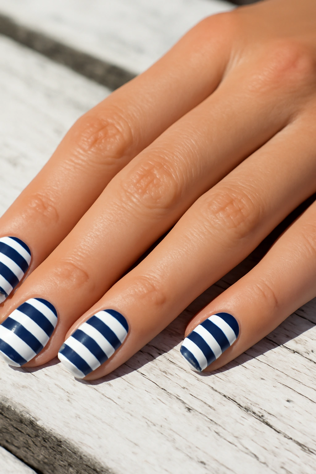 Classic nautical manicure featuring navy blue and white horizontal stripes