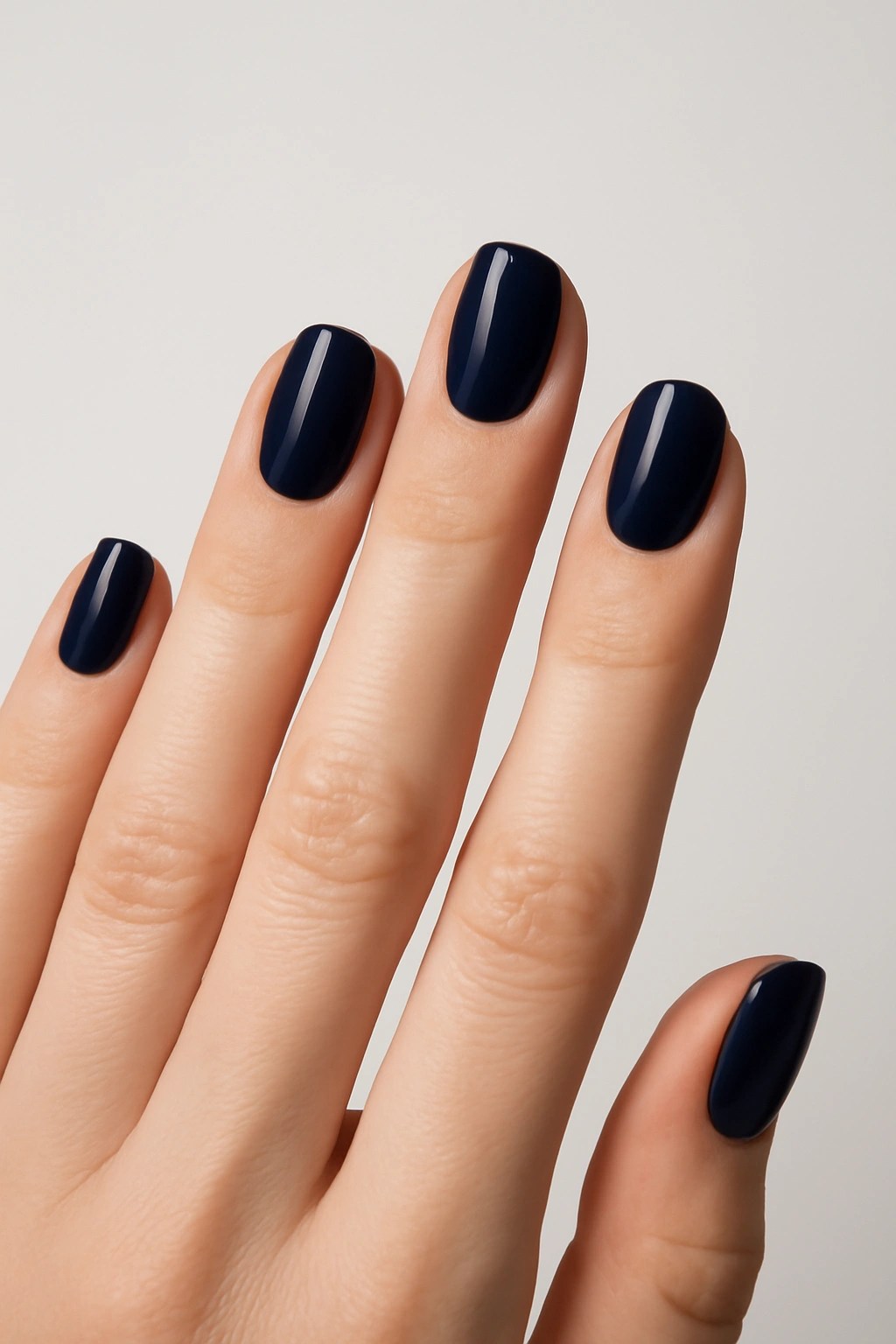 Navy blue nail polish on short nails against fair skin