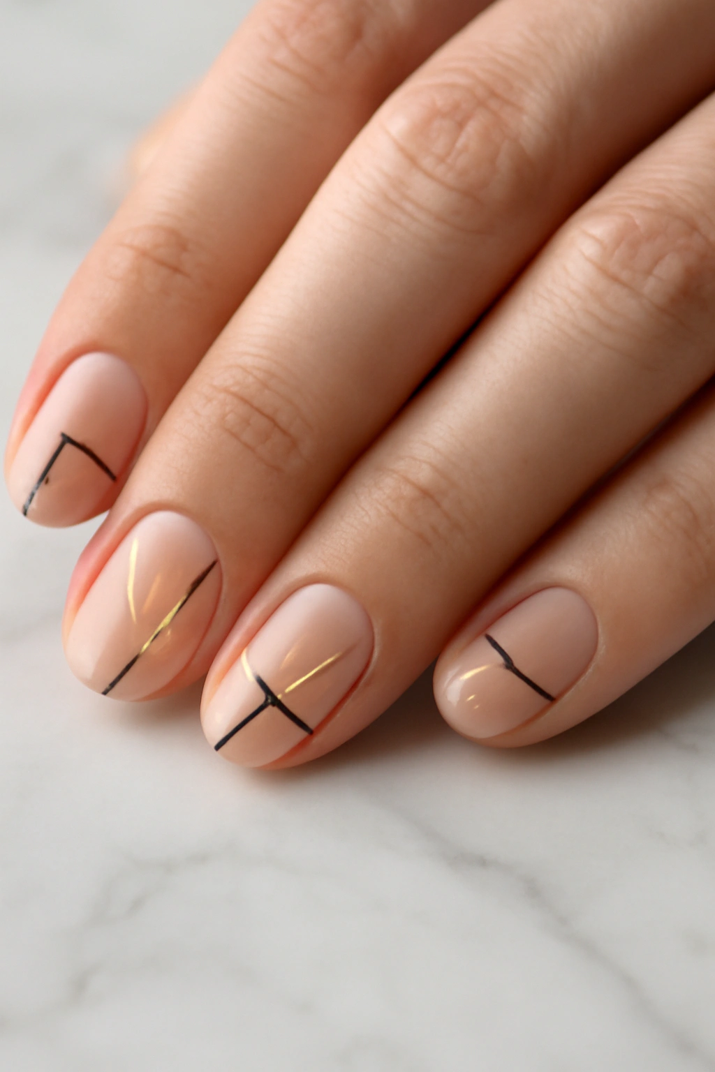 Minimalist negative space nail art with black geometric lines and clear nail sections on a marble background.