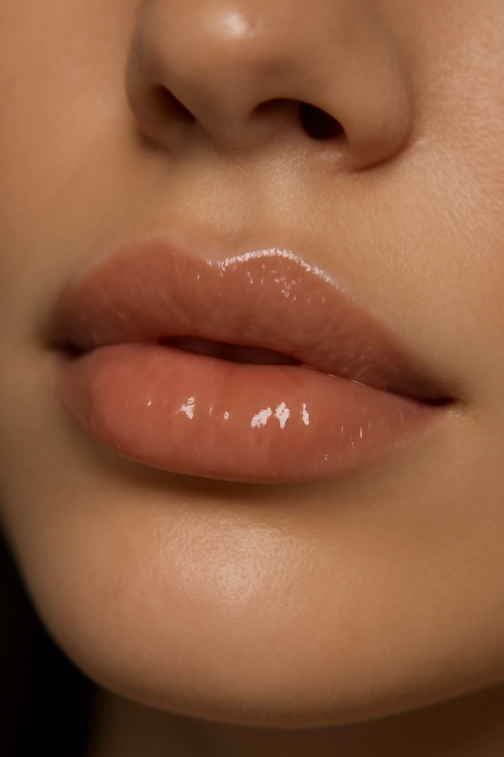 Close-up of neutral-toned glossy lips with high-shine finish