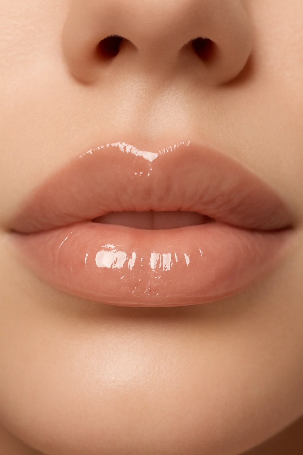 High-shine neutral lip gloss on a model for a hydrated and fuller lip appearance
