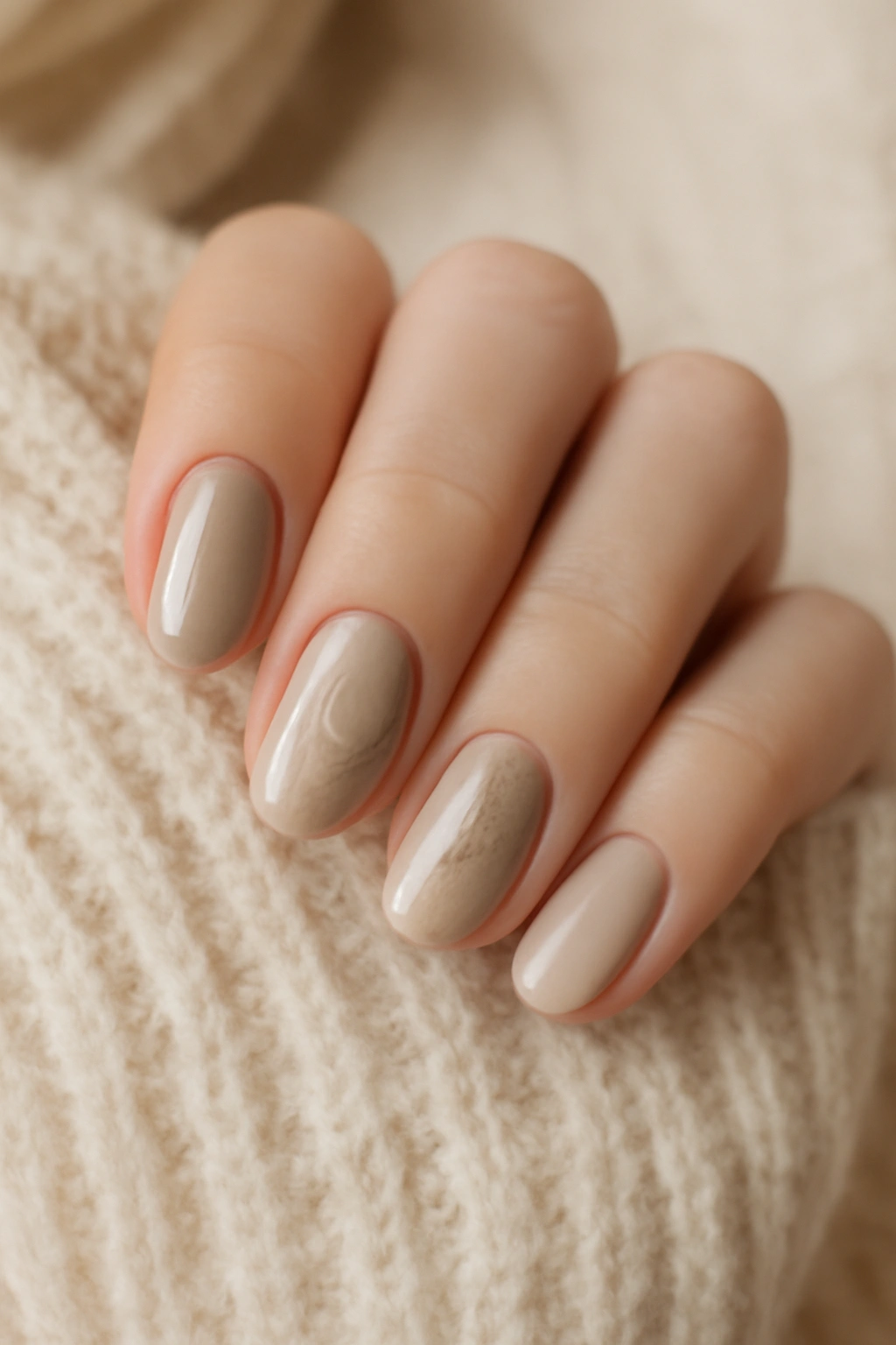 Earthy neutral manicure with beige and taupe tones and subtle gold shimmer details