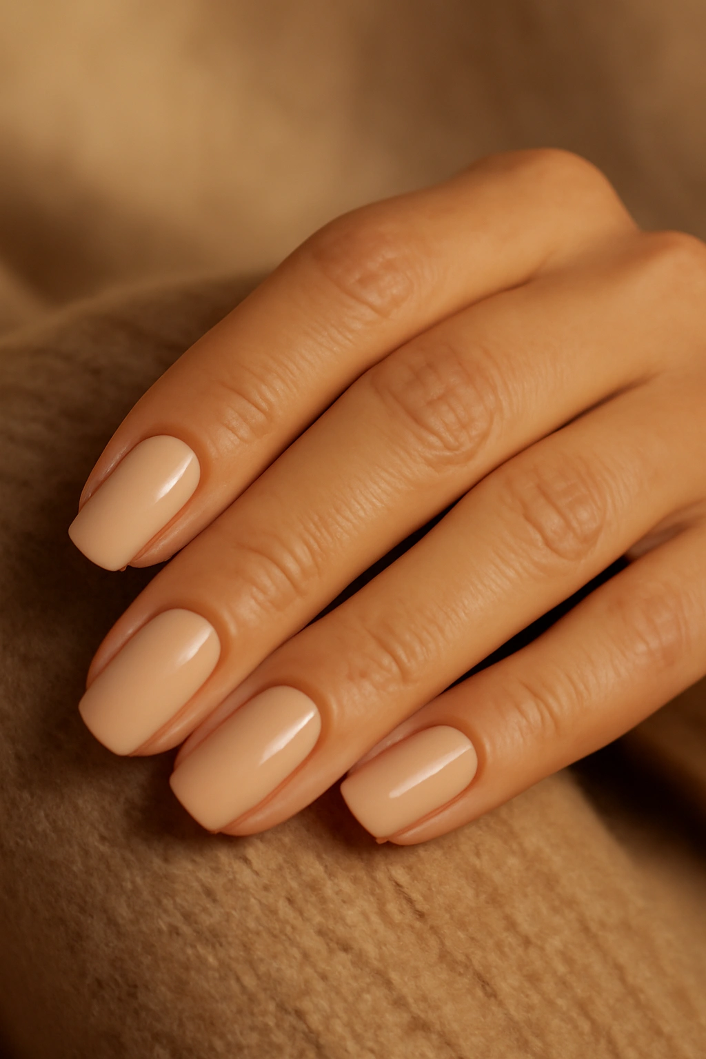 Neutral nude and beige manicure on elegant hands