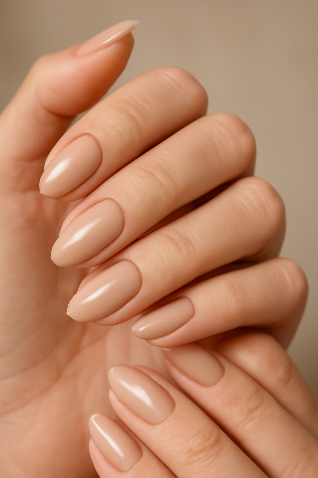 Close-up of hands with nude beige nails, minimalist polished look