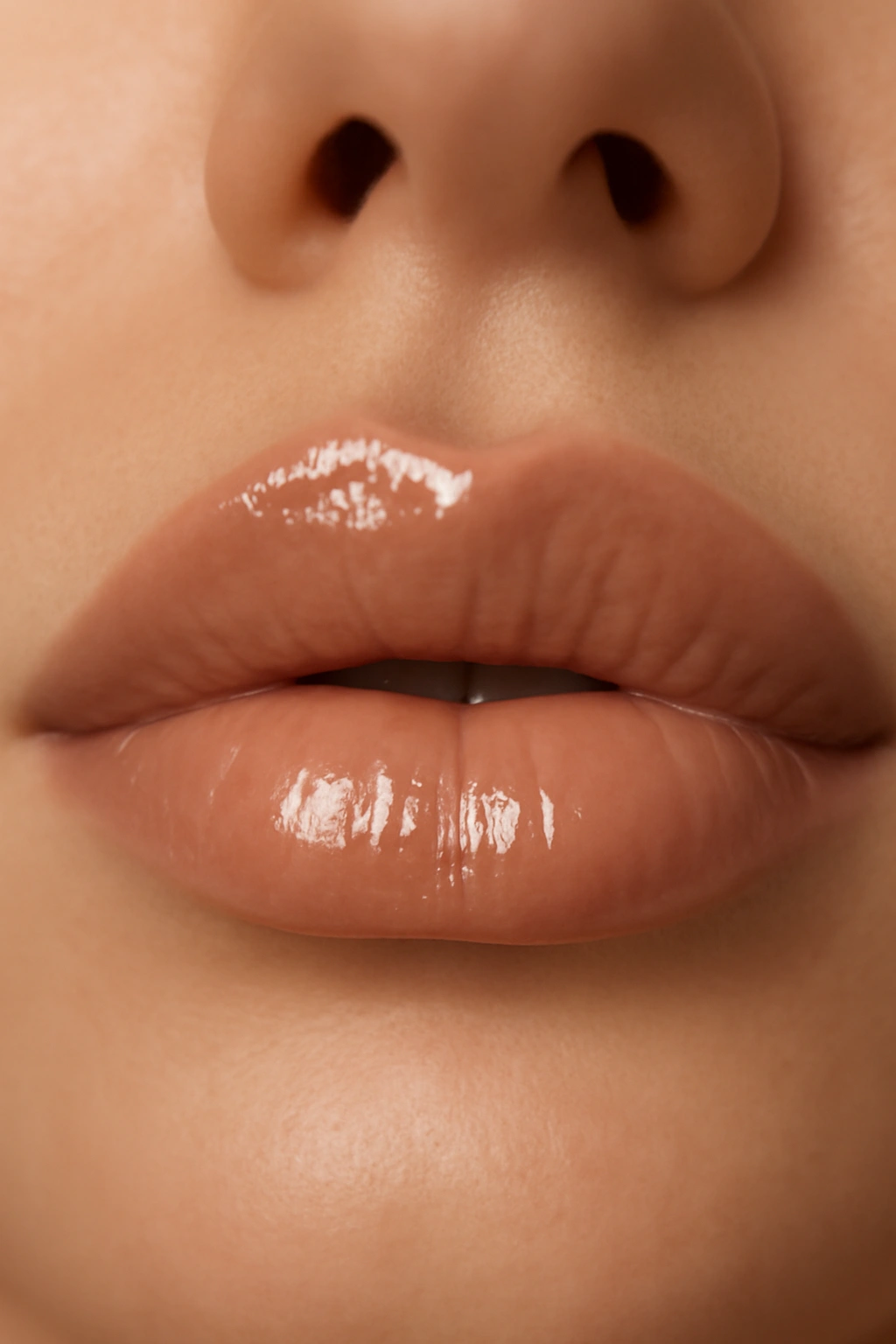 Close-up of nude lip gloss glaze on glossy lips, high-shine finish