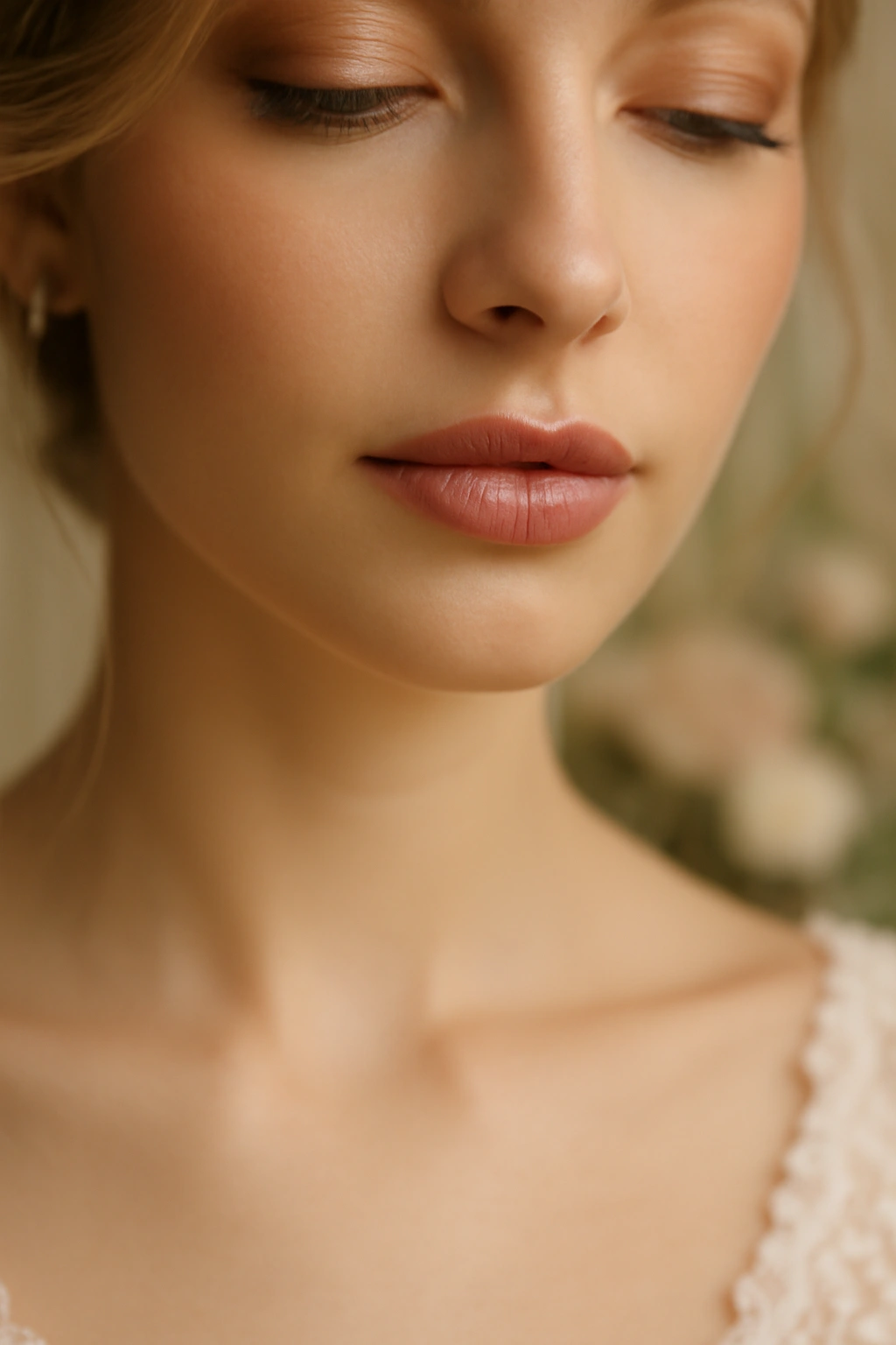 Macro shot of a bride with soft pink nude lips for a romantic ethereal look