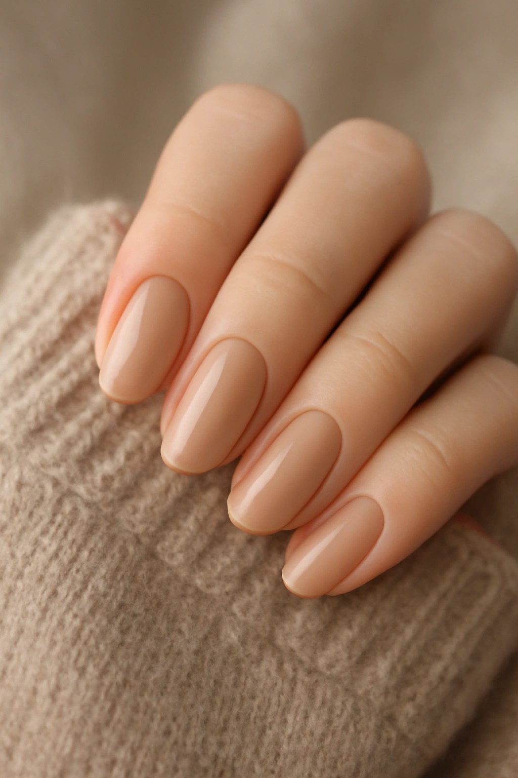 Elegant hands with glossy beige nail polish against a soft sweater background.