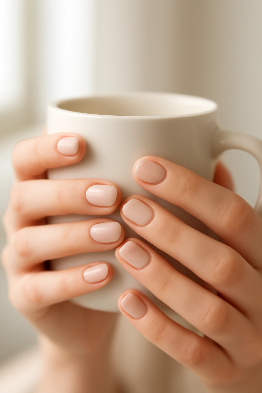 Sophisticated nude and beige short nails providing a clean and elongated appearance.