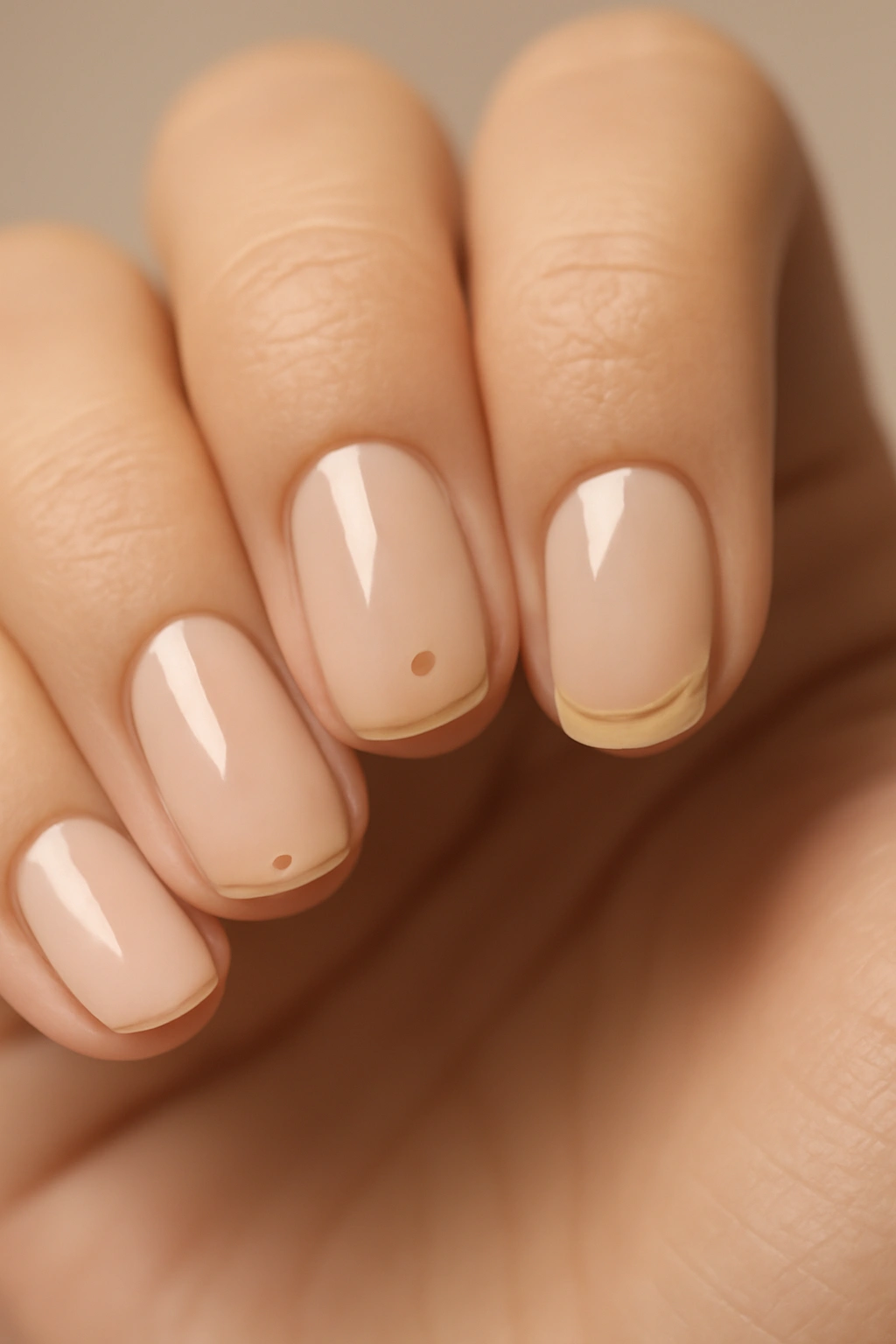 Nude nails with a delicate gold line near the cuticle.