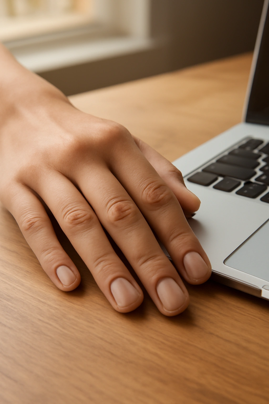 Short nude manicured nails on a teacher's hand resting on a school desk