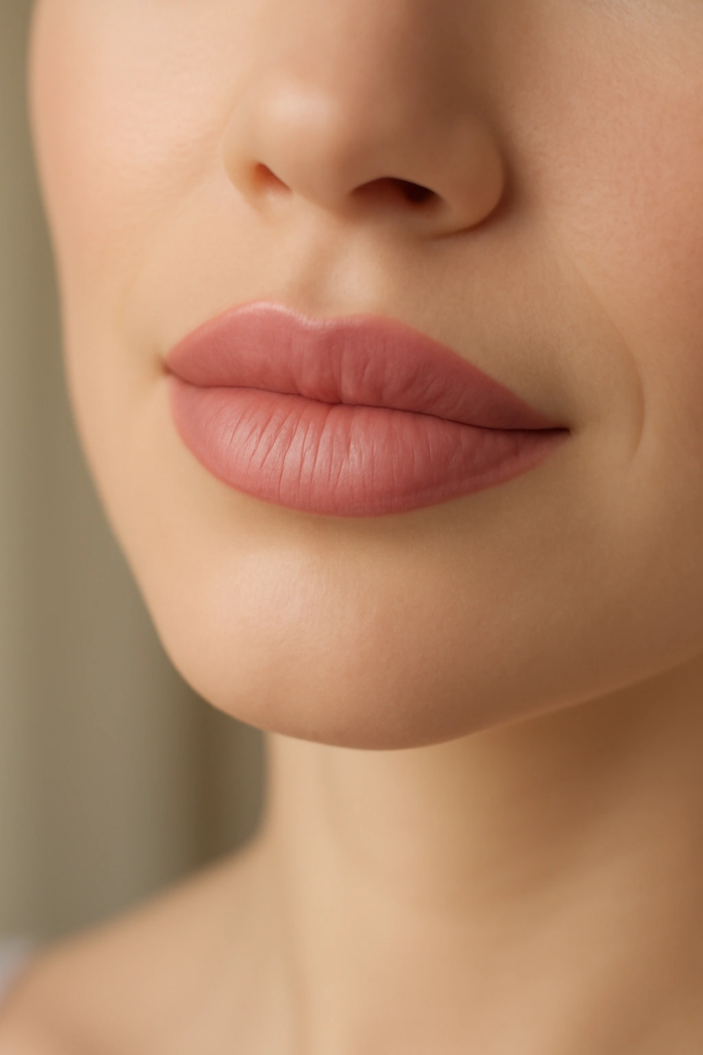 Close-up of a bride wearing creamy nude pink lipstick with a smooth satin finish.