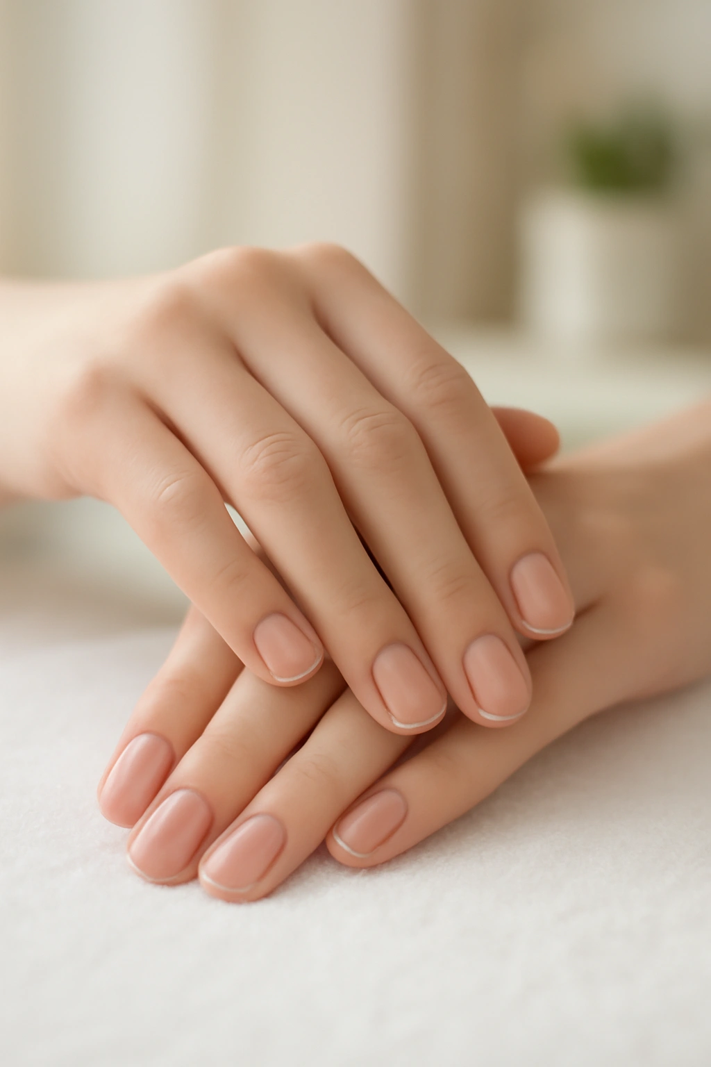 Nude nail polish with pink undertones on fair skin hands